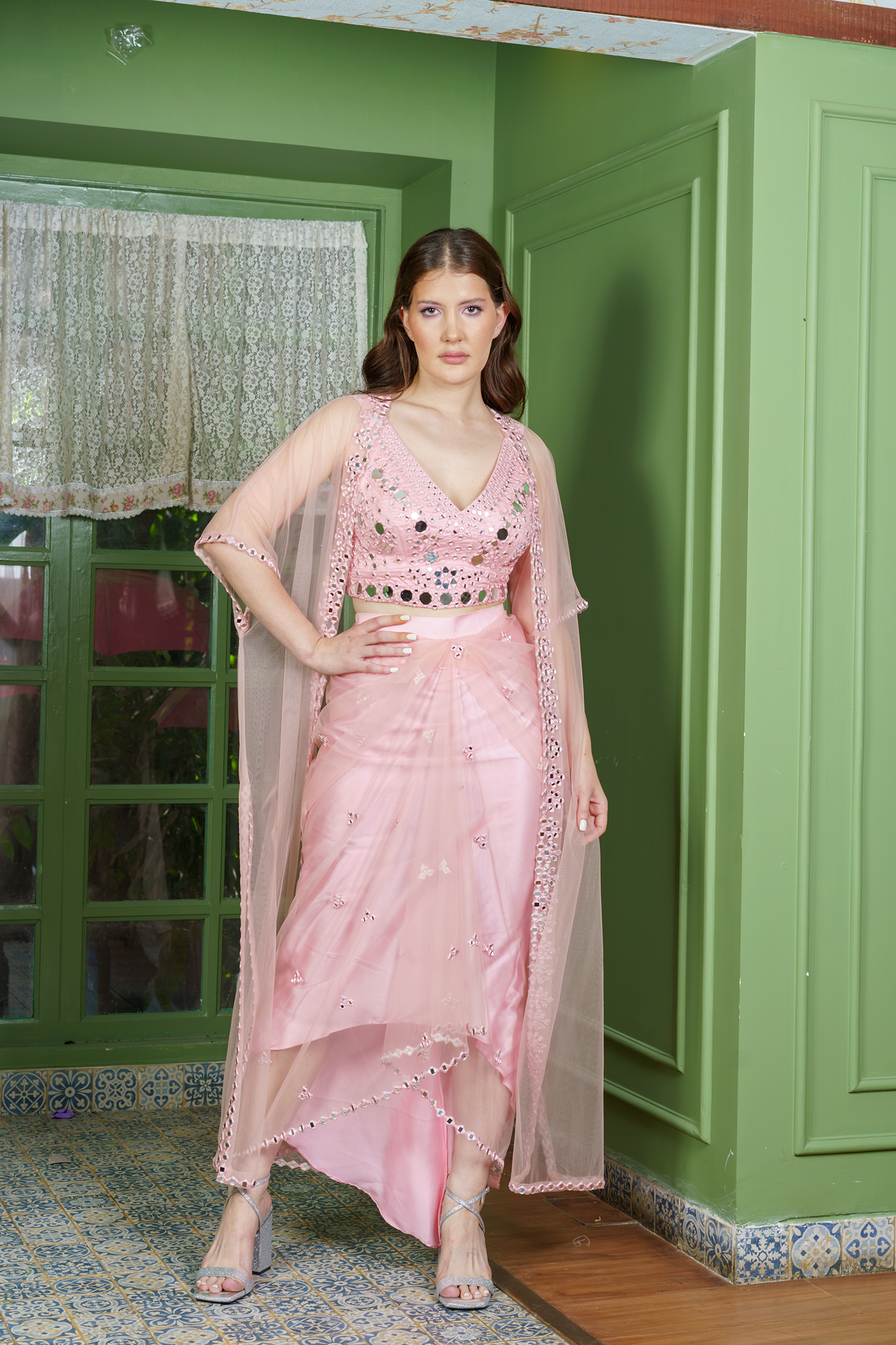 Sheer Sparkle Pink Dhoti Set