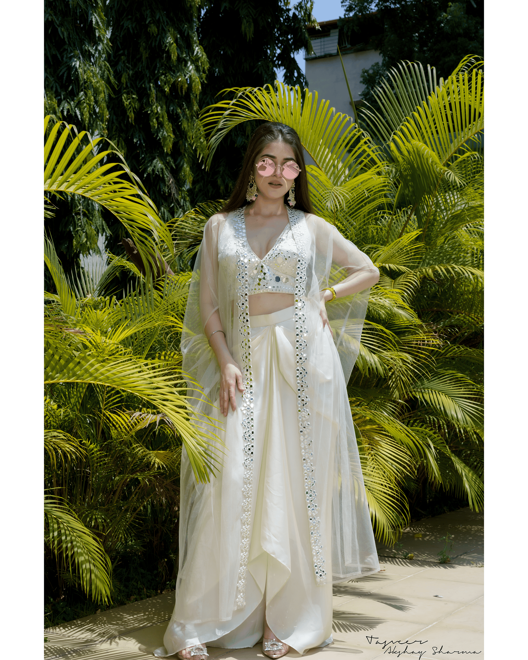 White mirror embroidedred dhoti set with cape