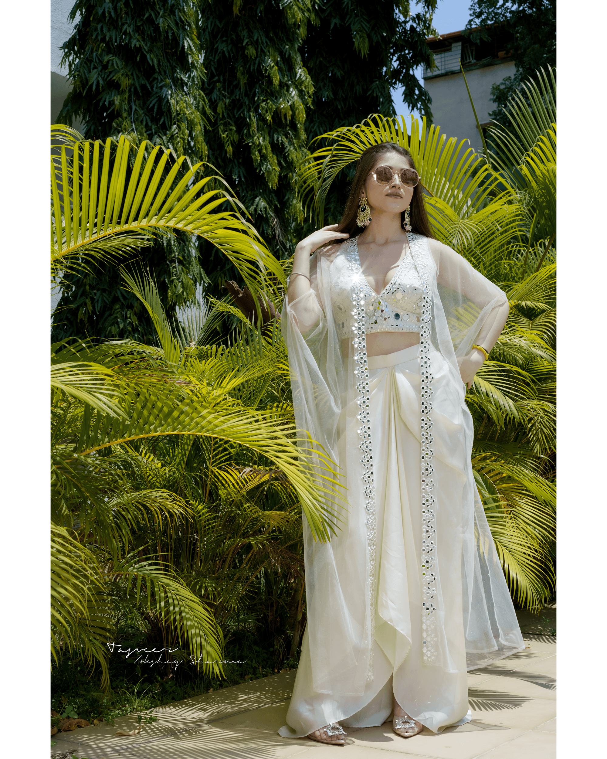 White mirror embroidedred dhoti set with cape