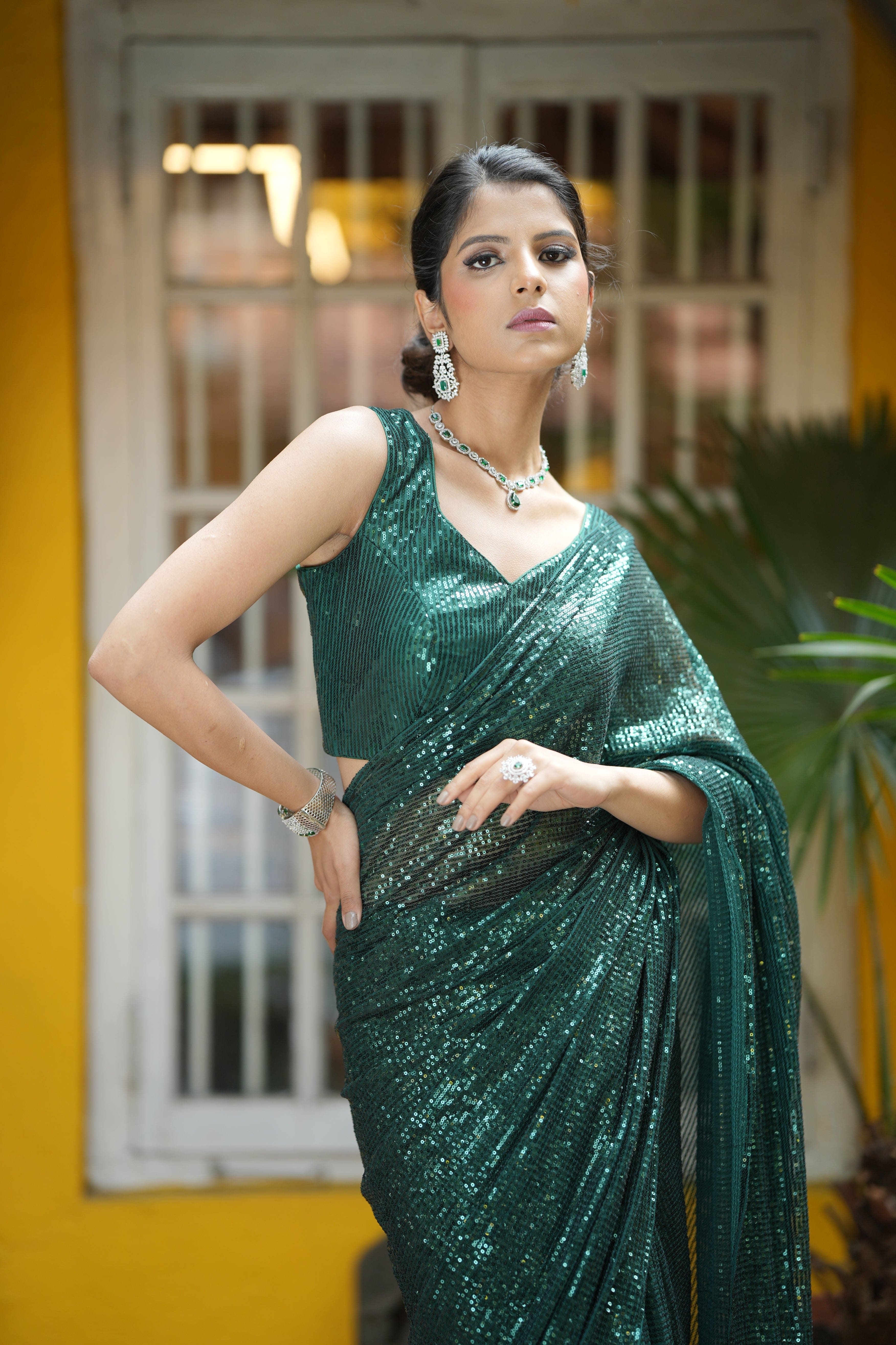 Emerald Radiance Green Sequin Sari for Events