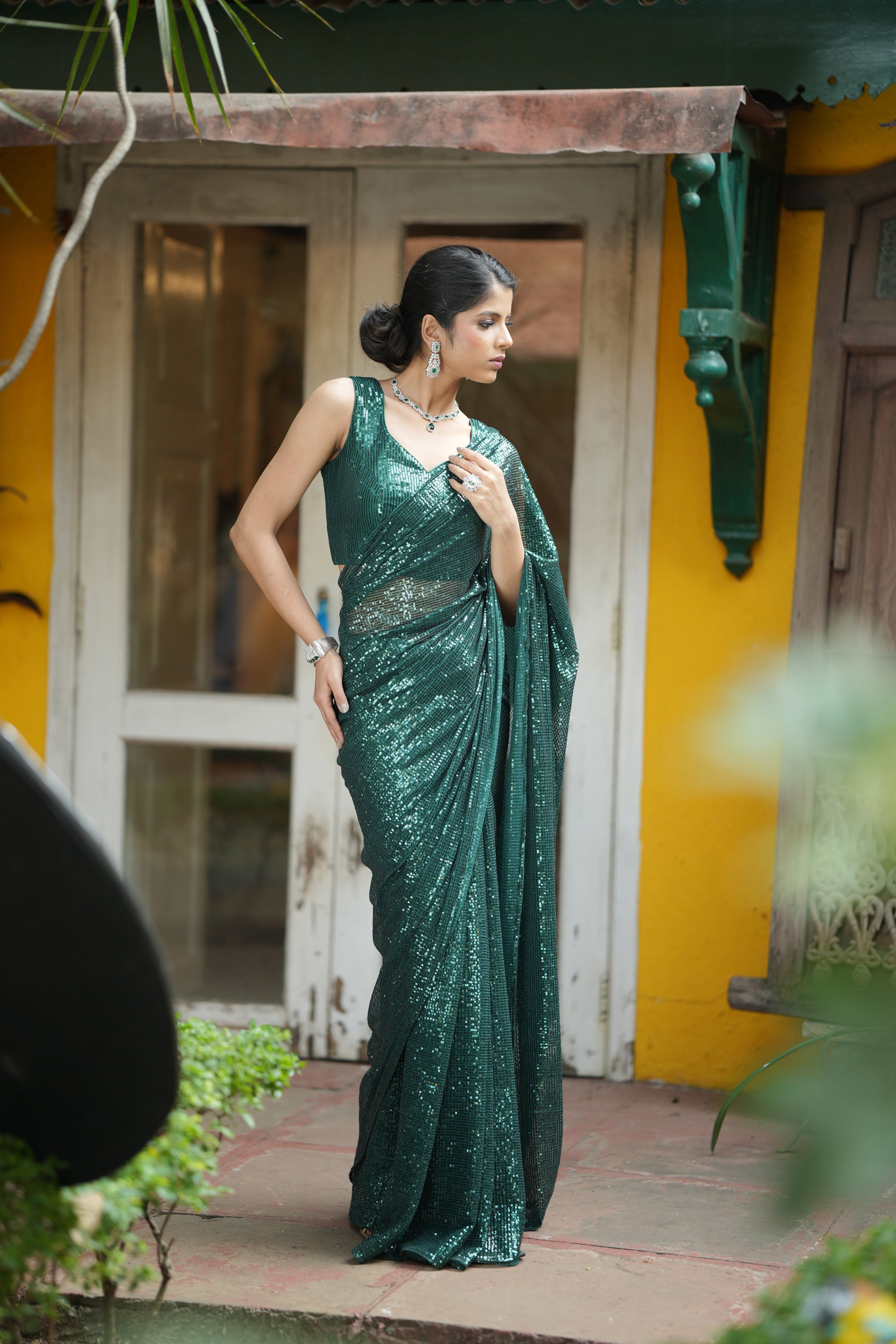 Emerald Radiance Green Sequin Sari for Events
