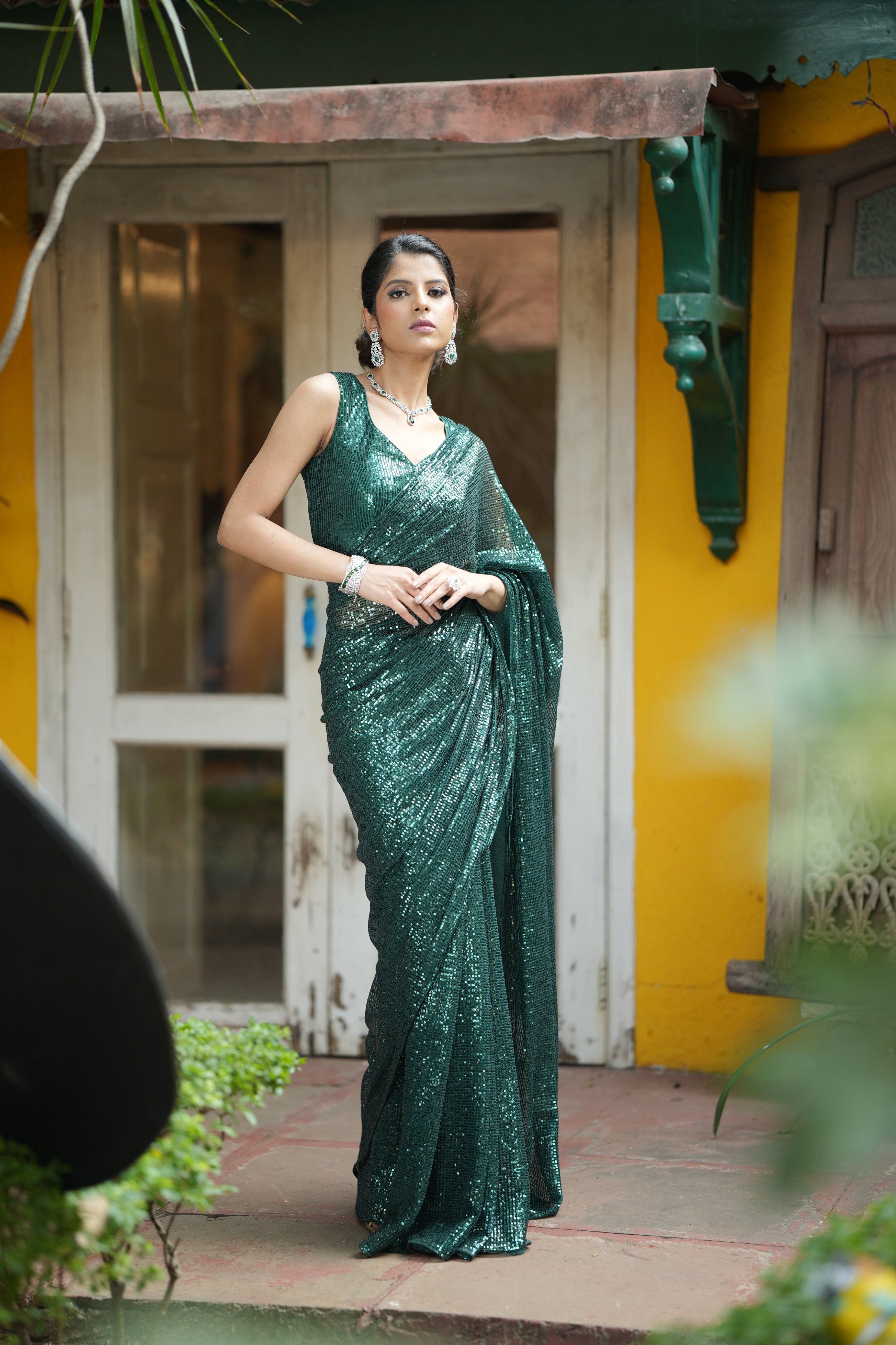 Emerald Radiance Green Sequin Sari for Events