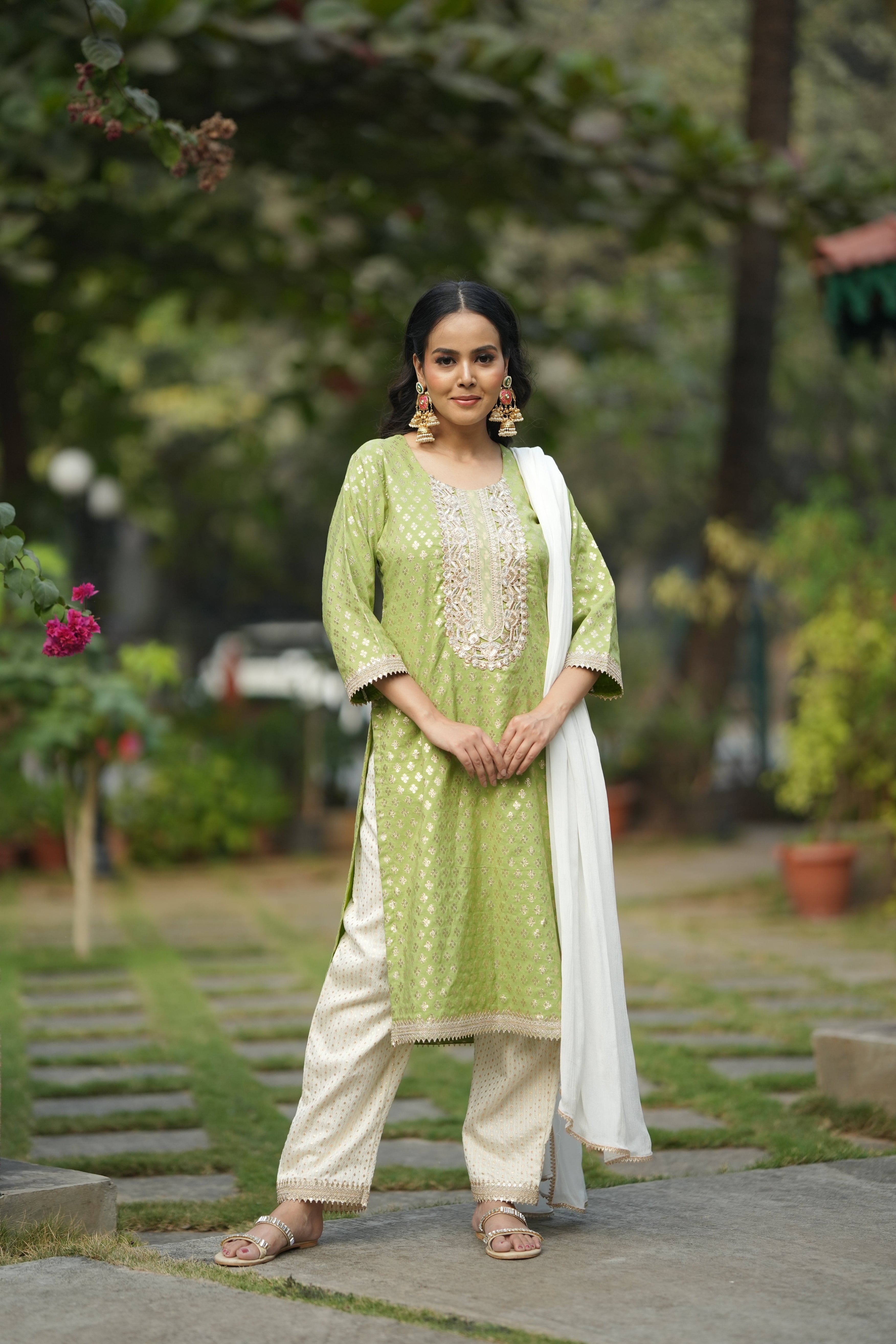 Spring Bloom Light Green Brocade Kurta Set
