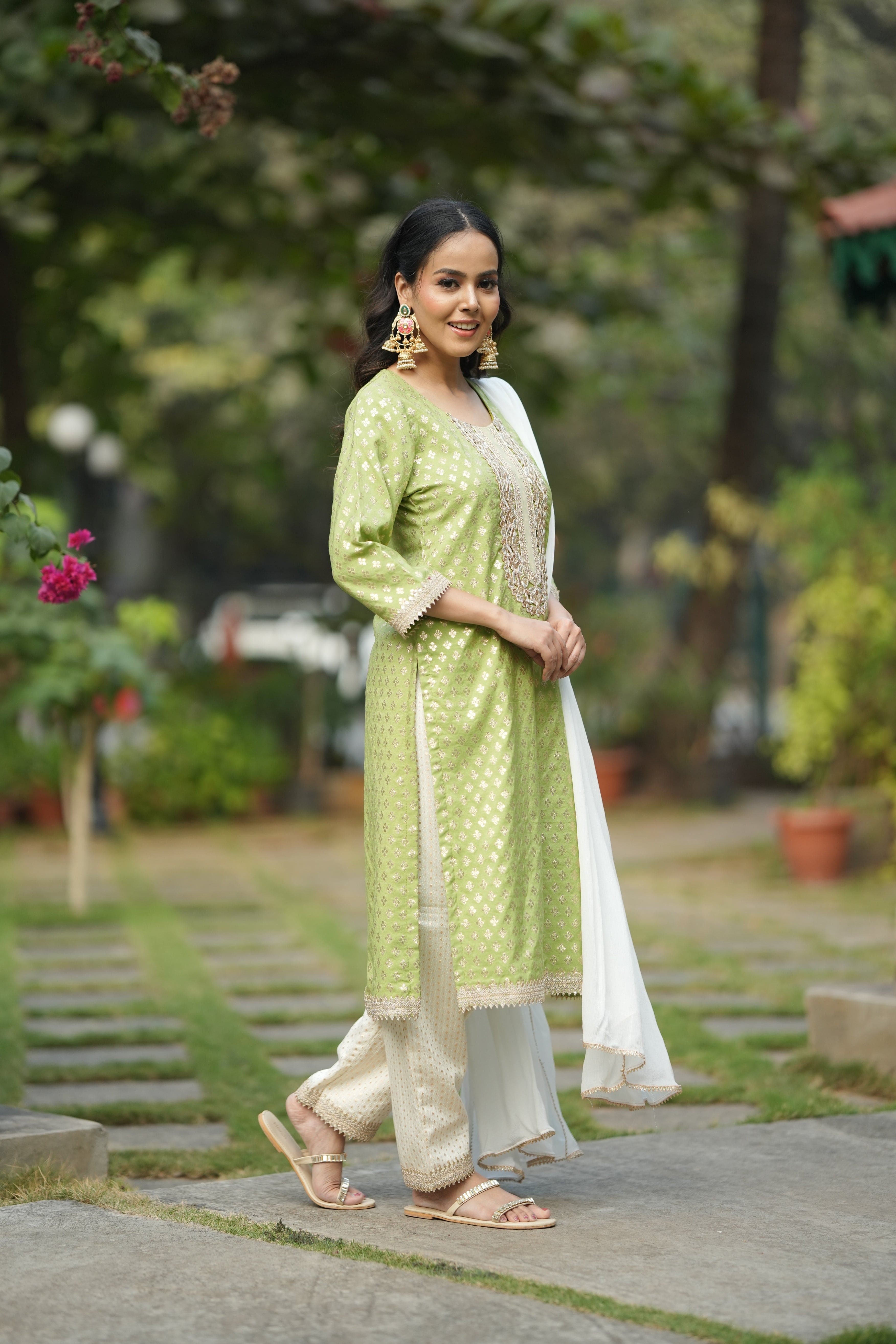 Spring Bloom Light Green Brocade Kurta Set