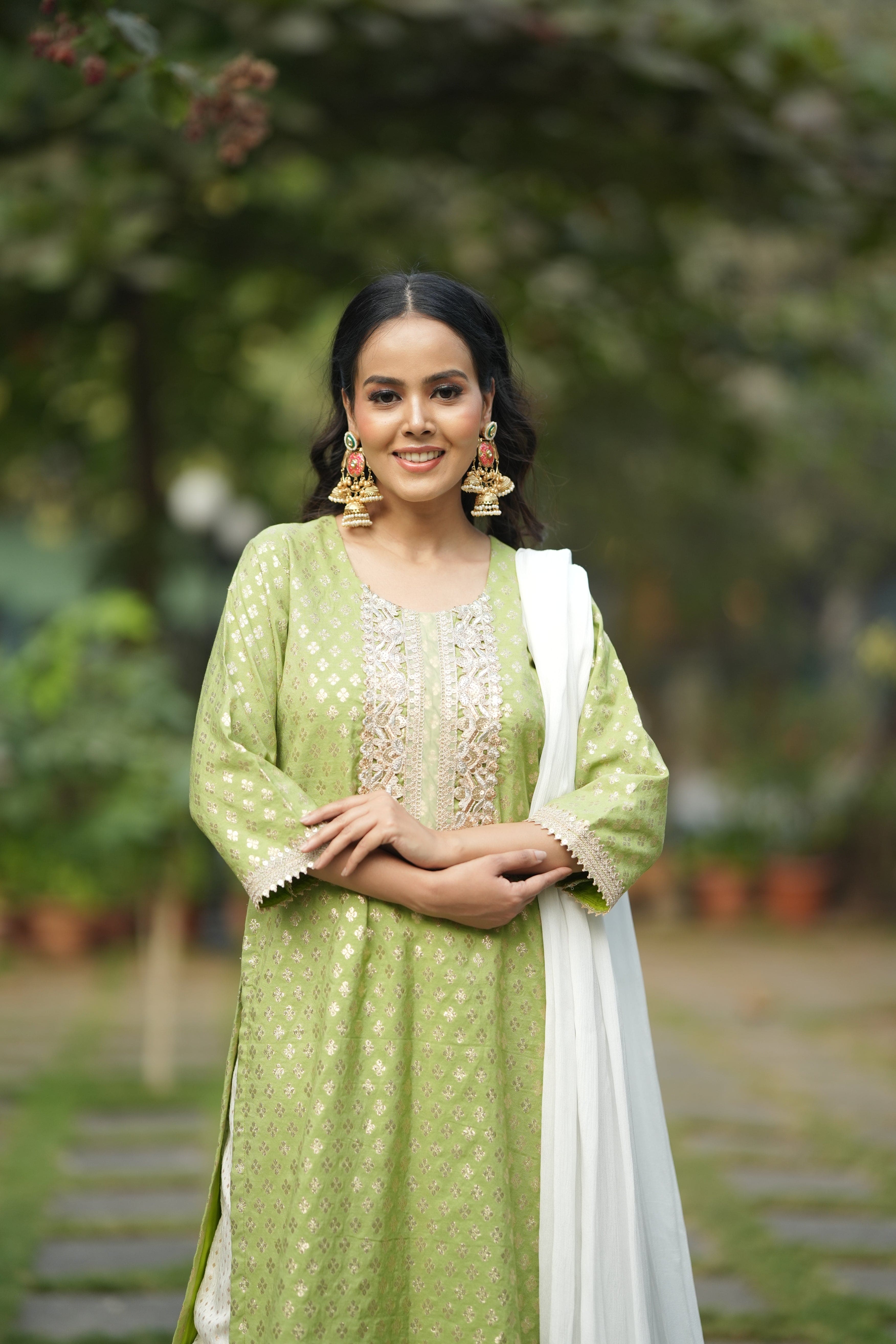 Spring Bloom Light Green Brocade Kurta Set