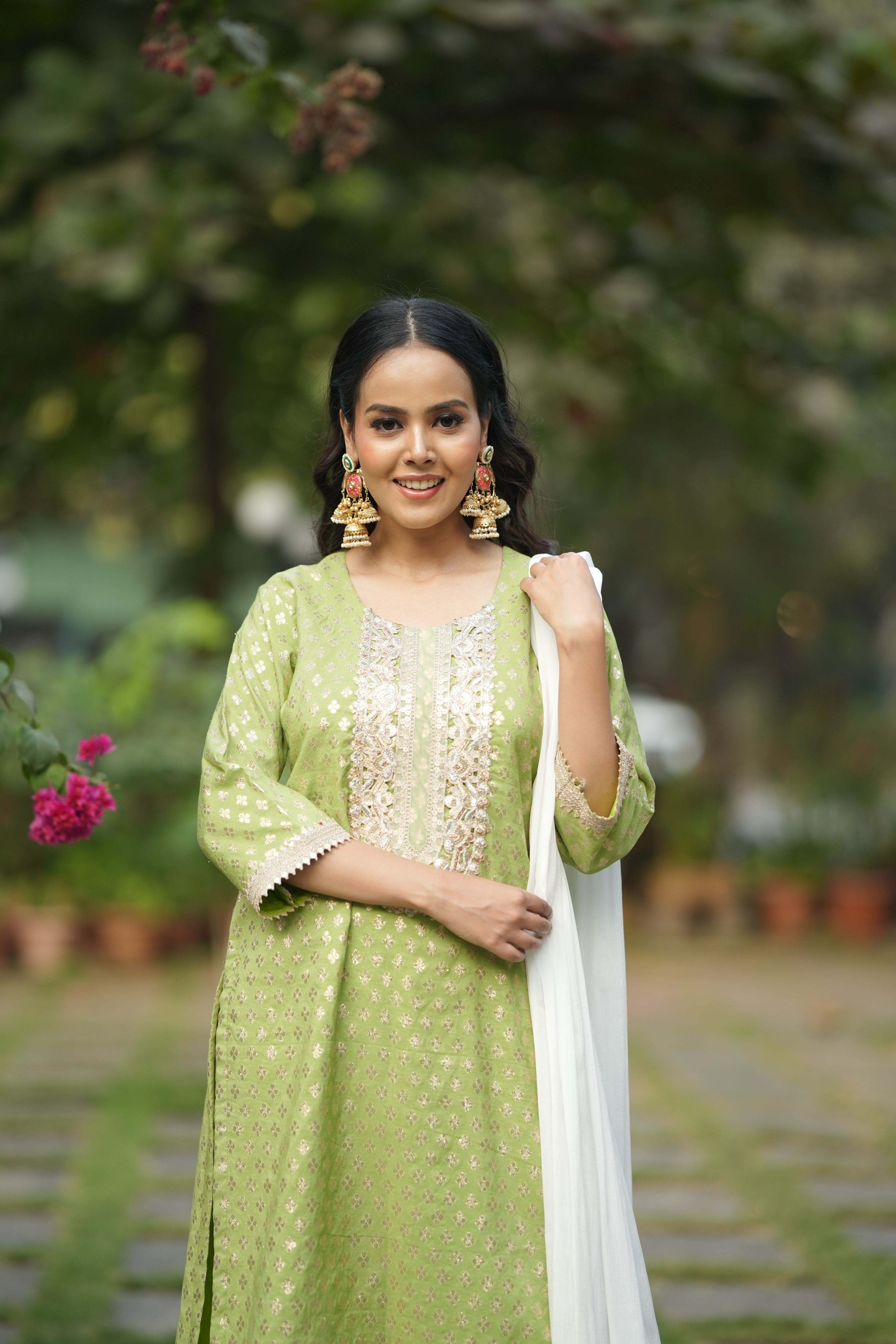 Spring Bloom Light Green Brocade Kurta Set