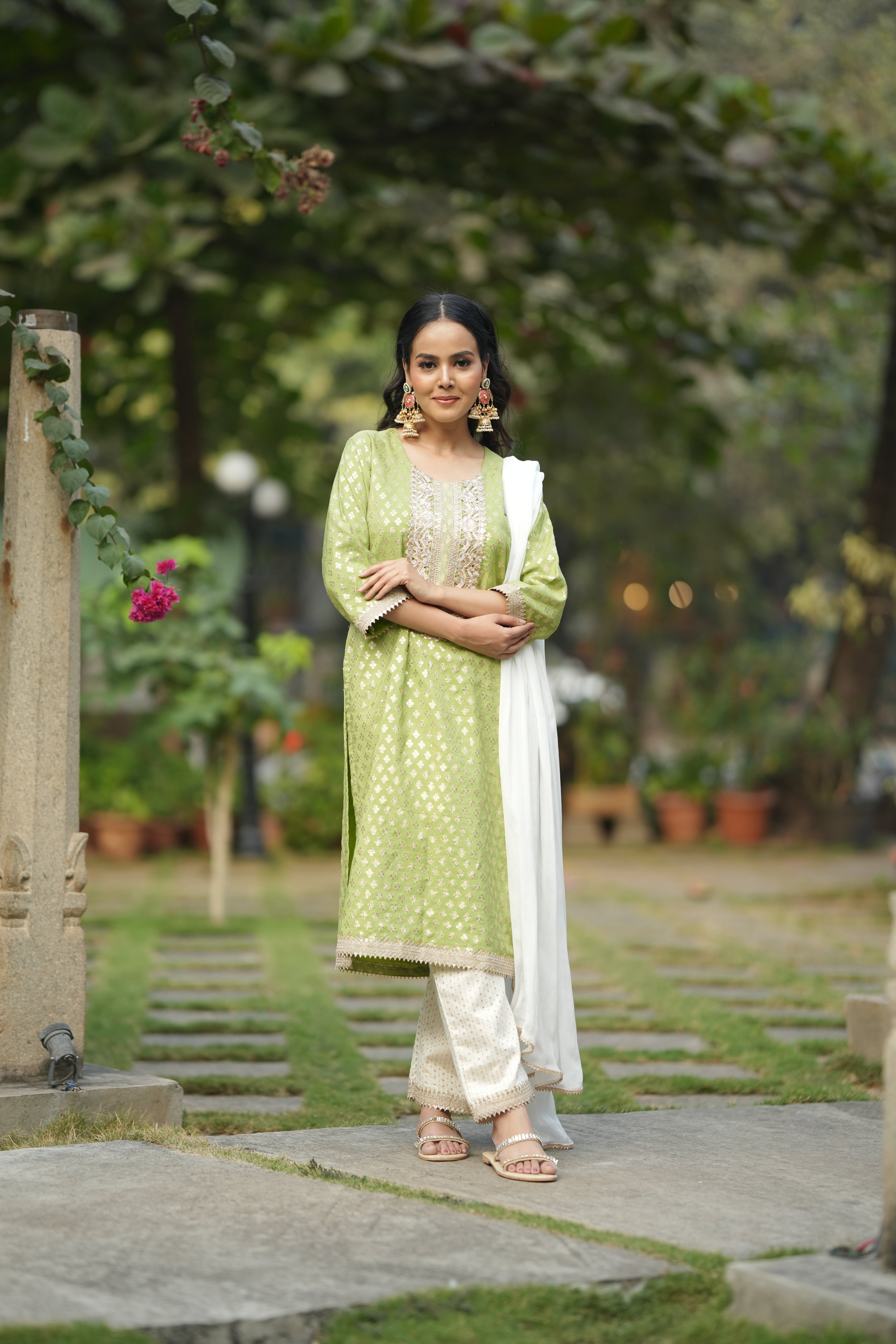 Spring Bloom Light Green Brocade Kurta Set