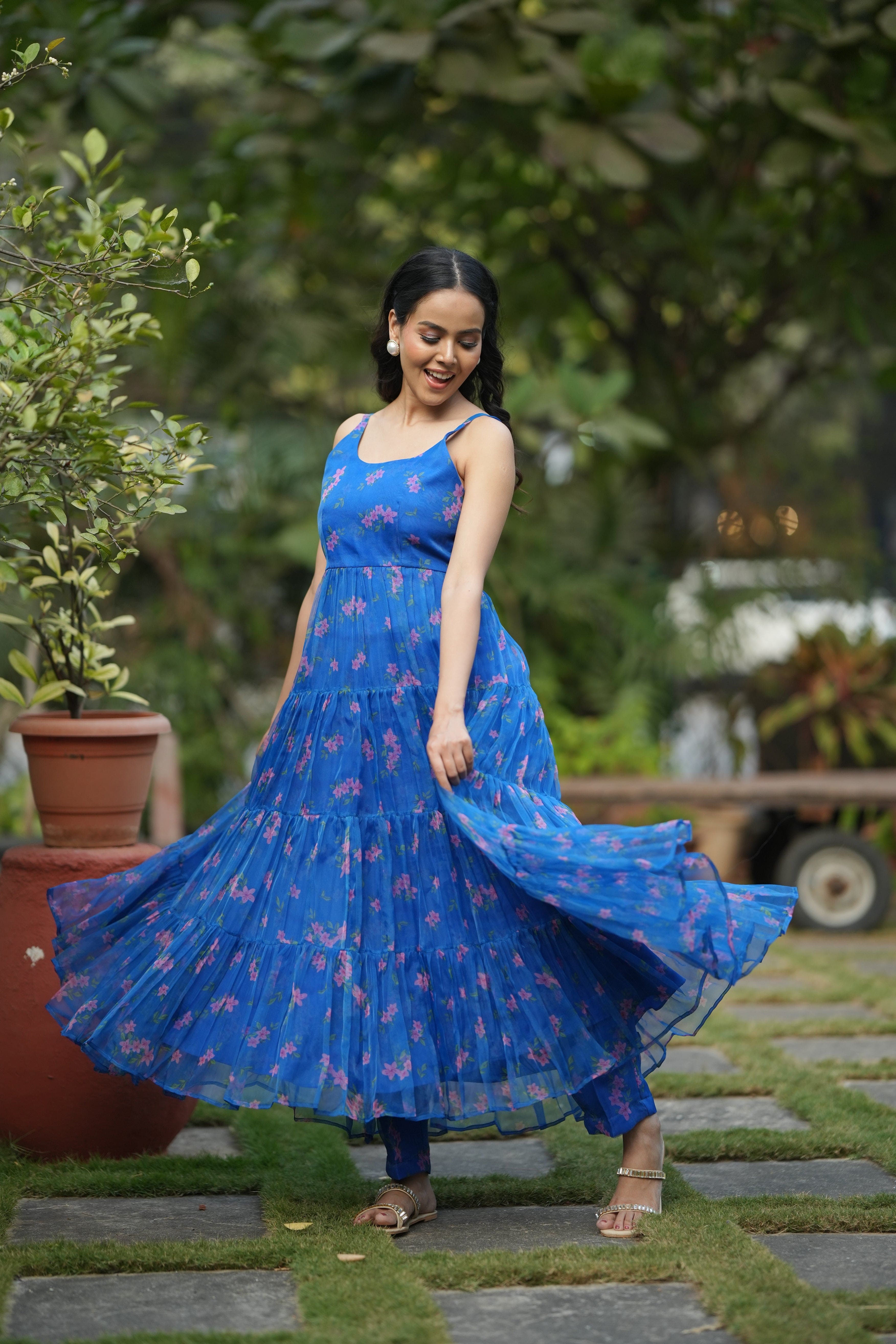 Floral Cascade Blue Organza Kurta Set