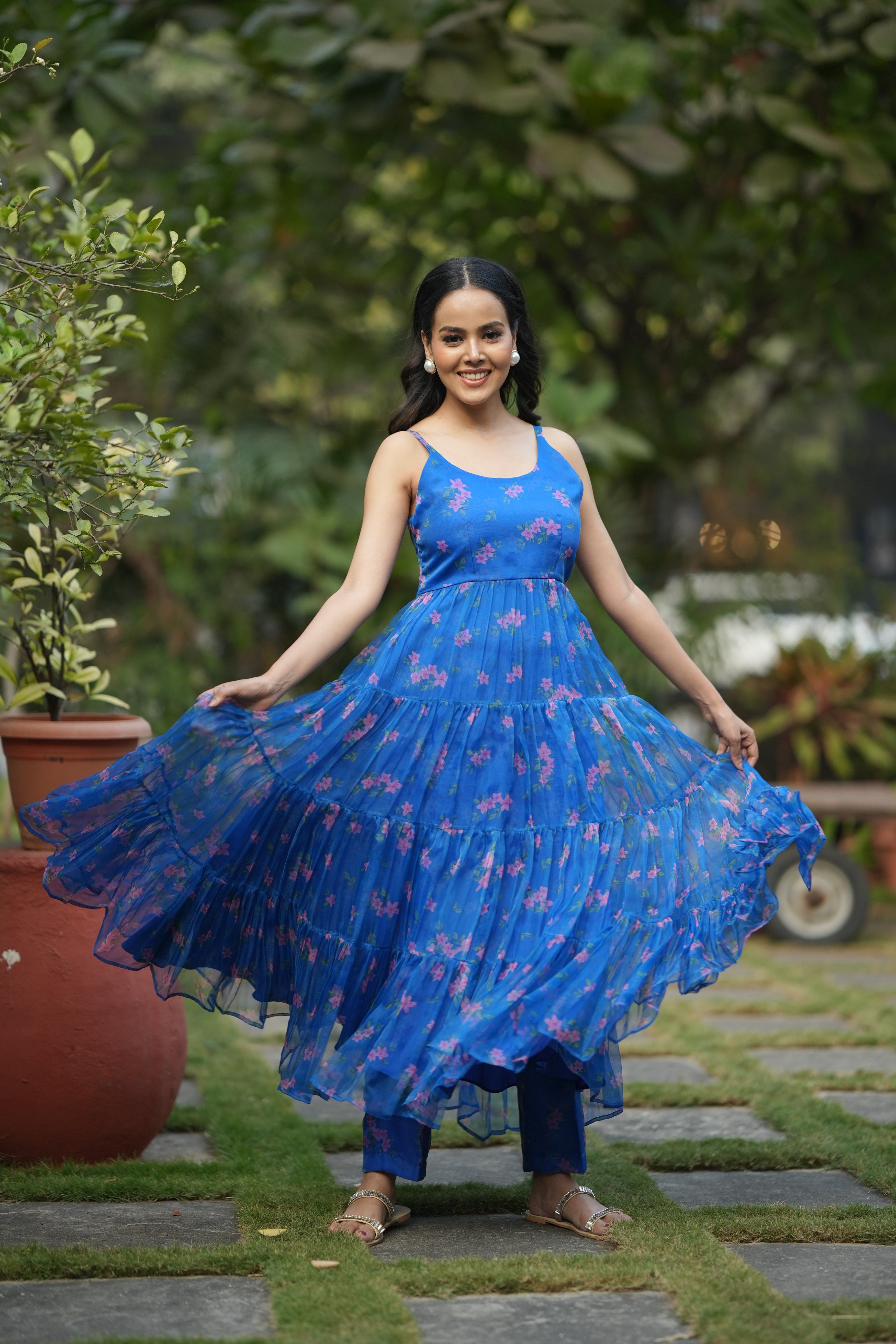 Floral Cascade Blue Organza Kurta Set