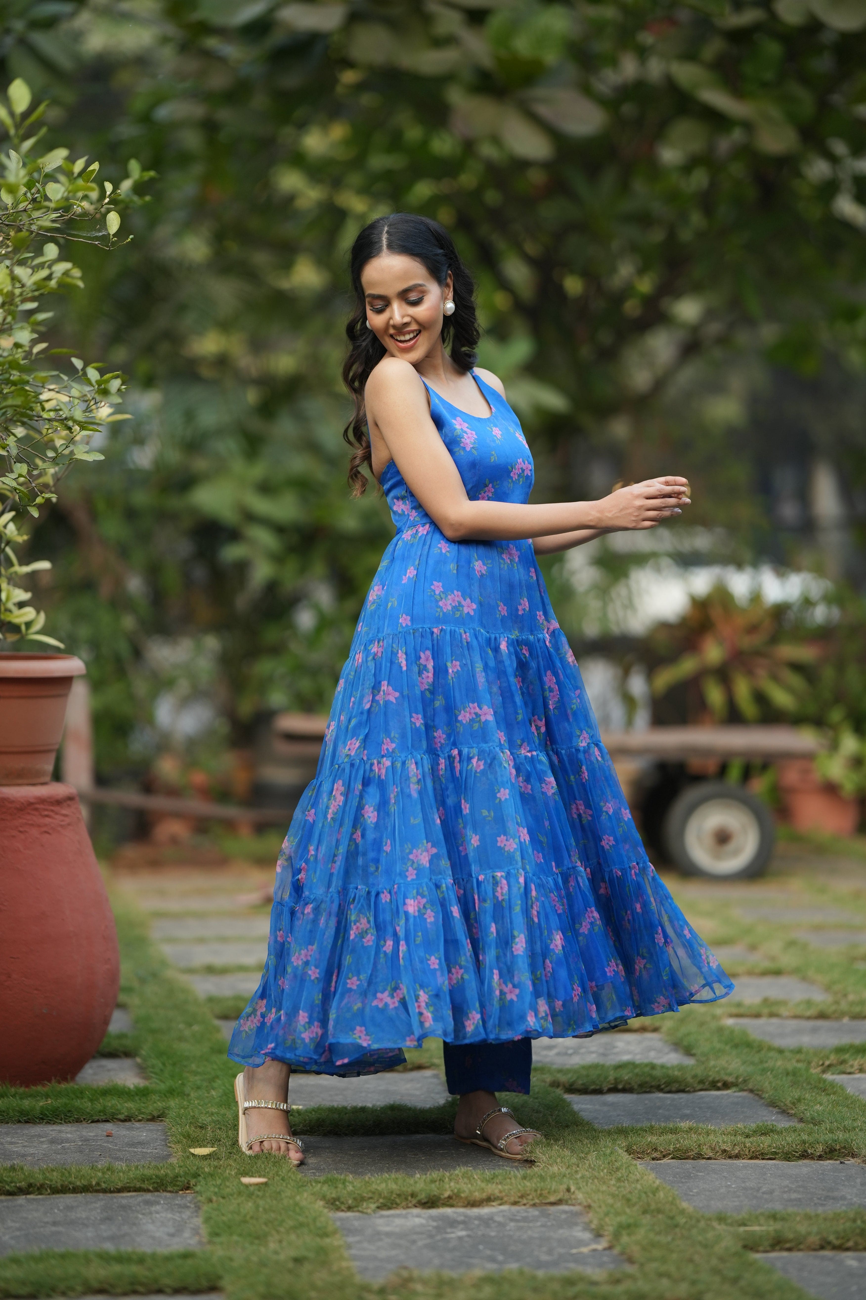 Floral Cascade Blue Organza Kurta Set