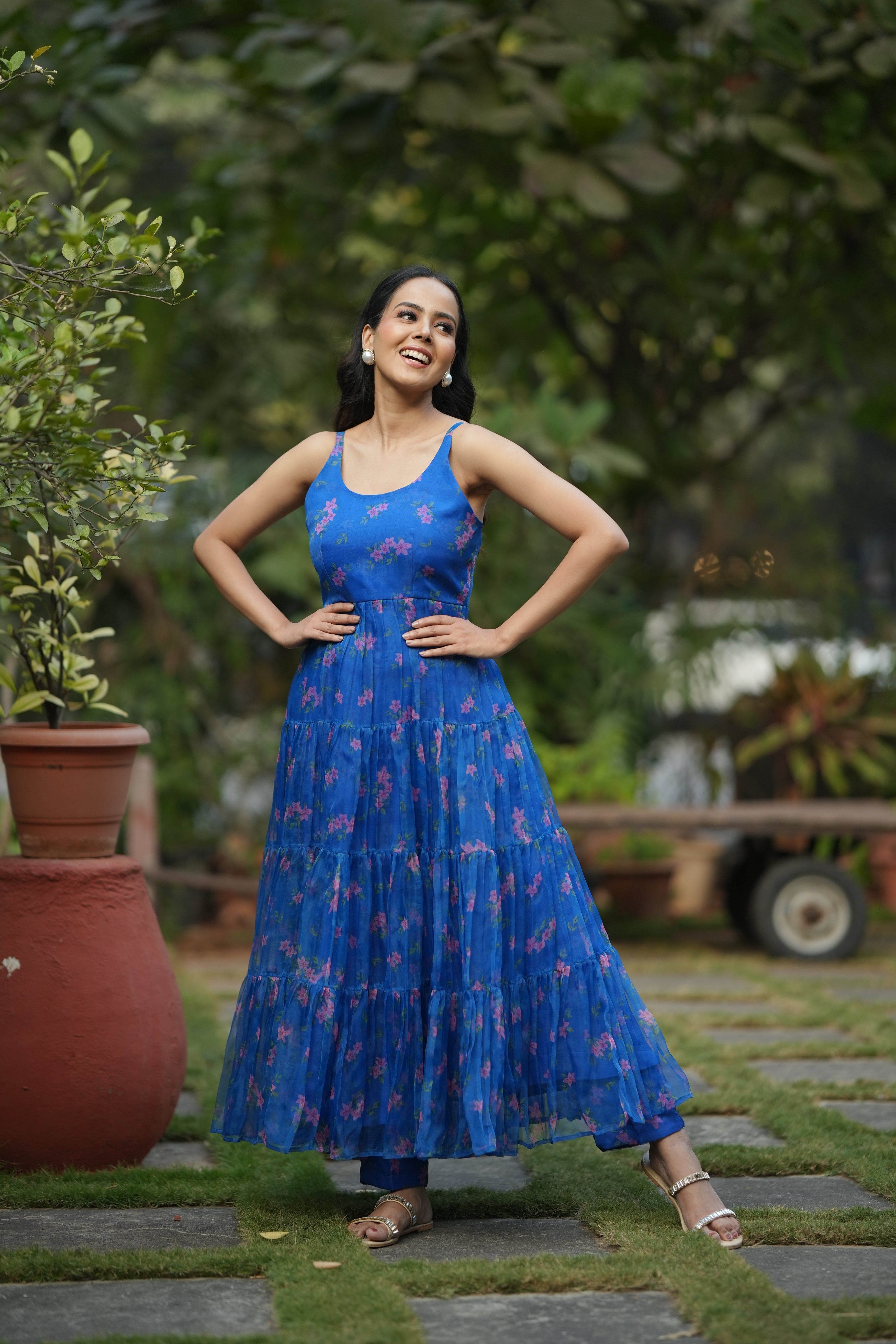Floral Cascade Blue Organza Kurta Set