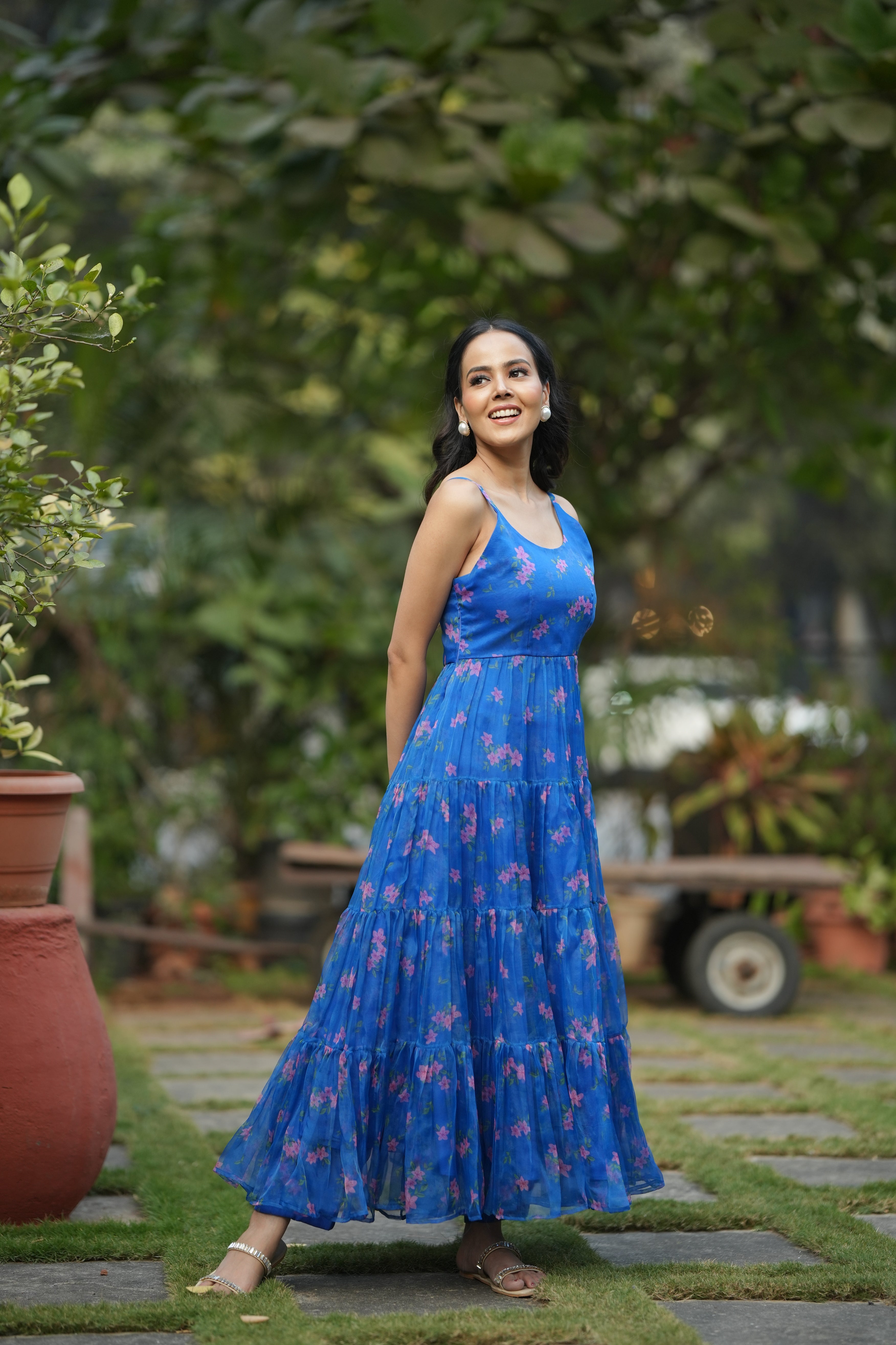 Floral Cascade Blue Organza Kurta Set