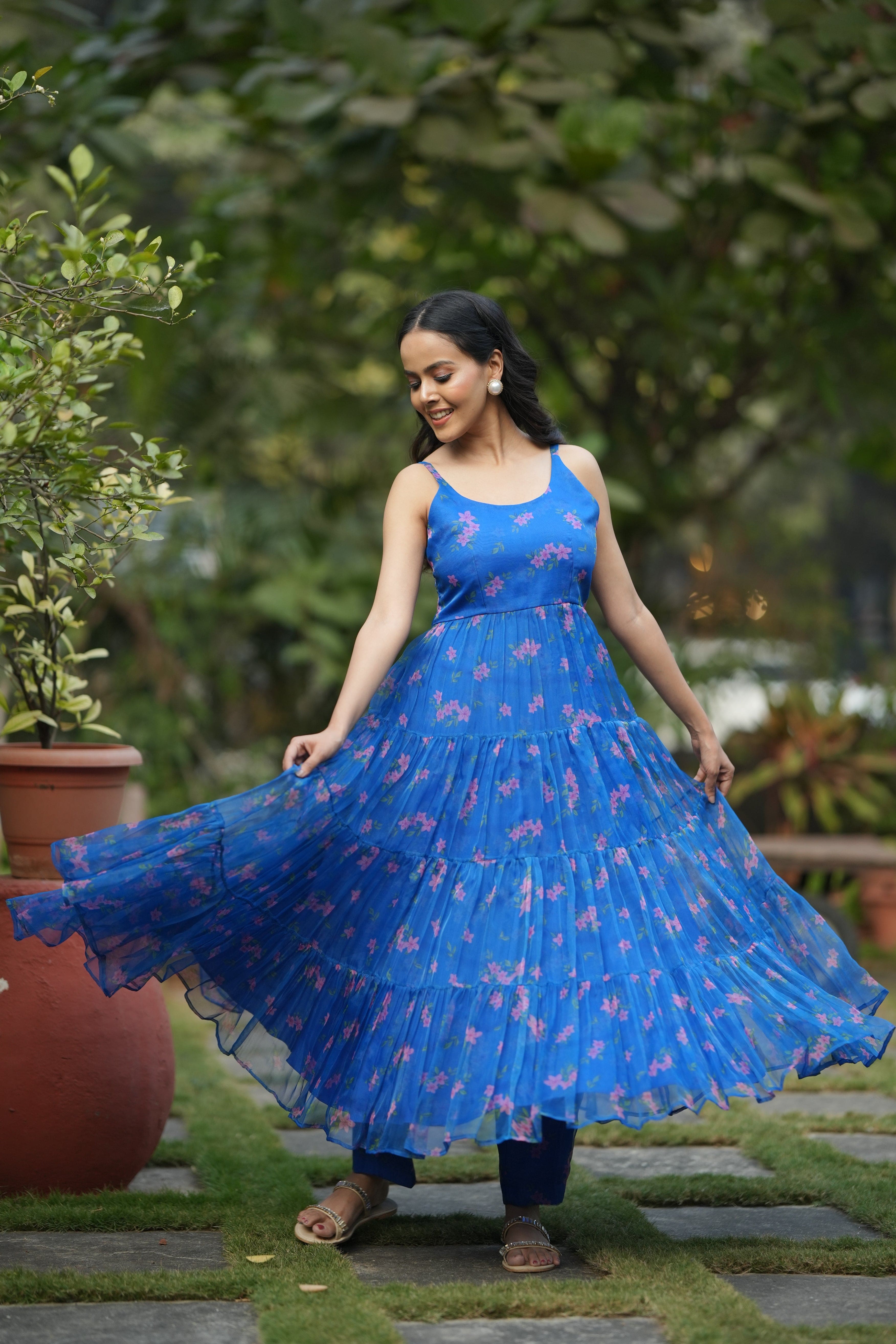 Floral Cascade Blue Organza Kurta Set