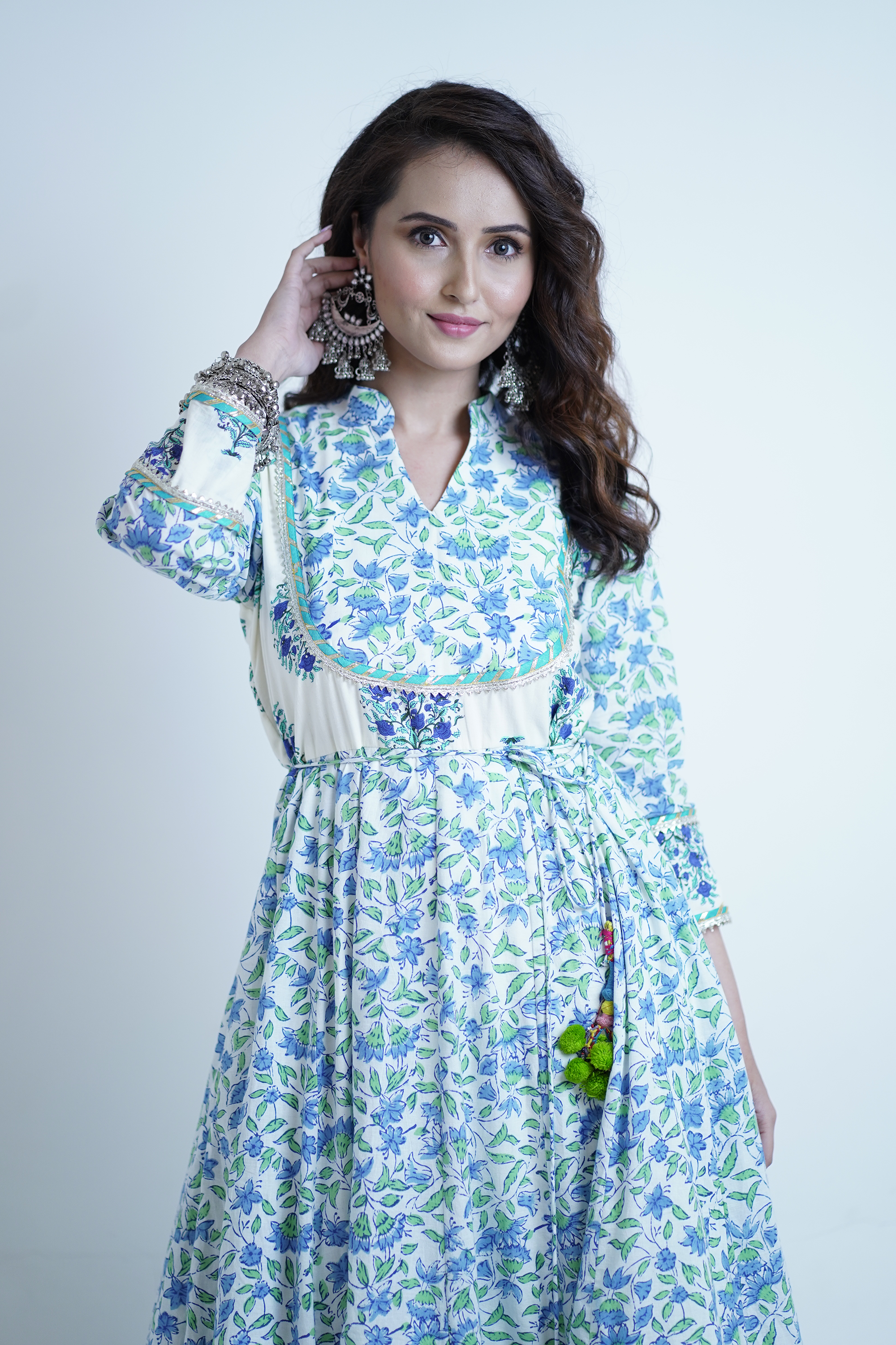 Cotton Floral Anarkali Kurta Set - Mint Trim