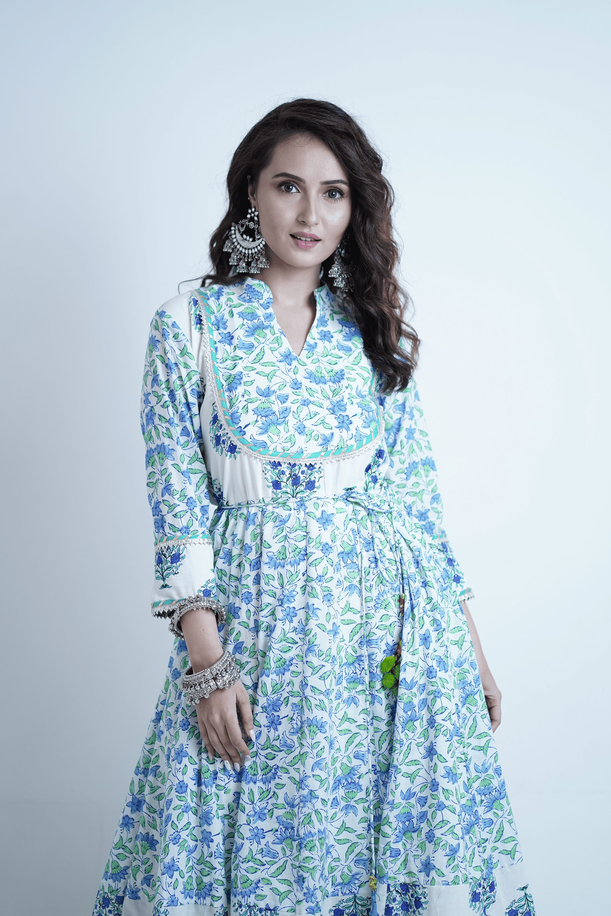 Cotton Floral Anarkali Kurta Set - Mint Trim
