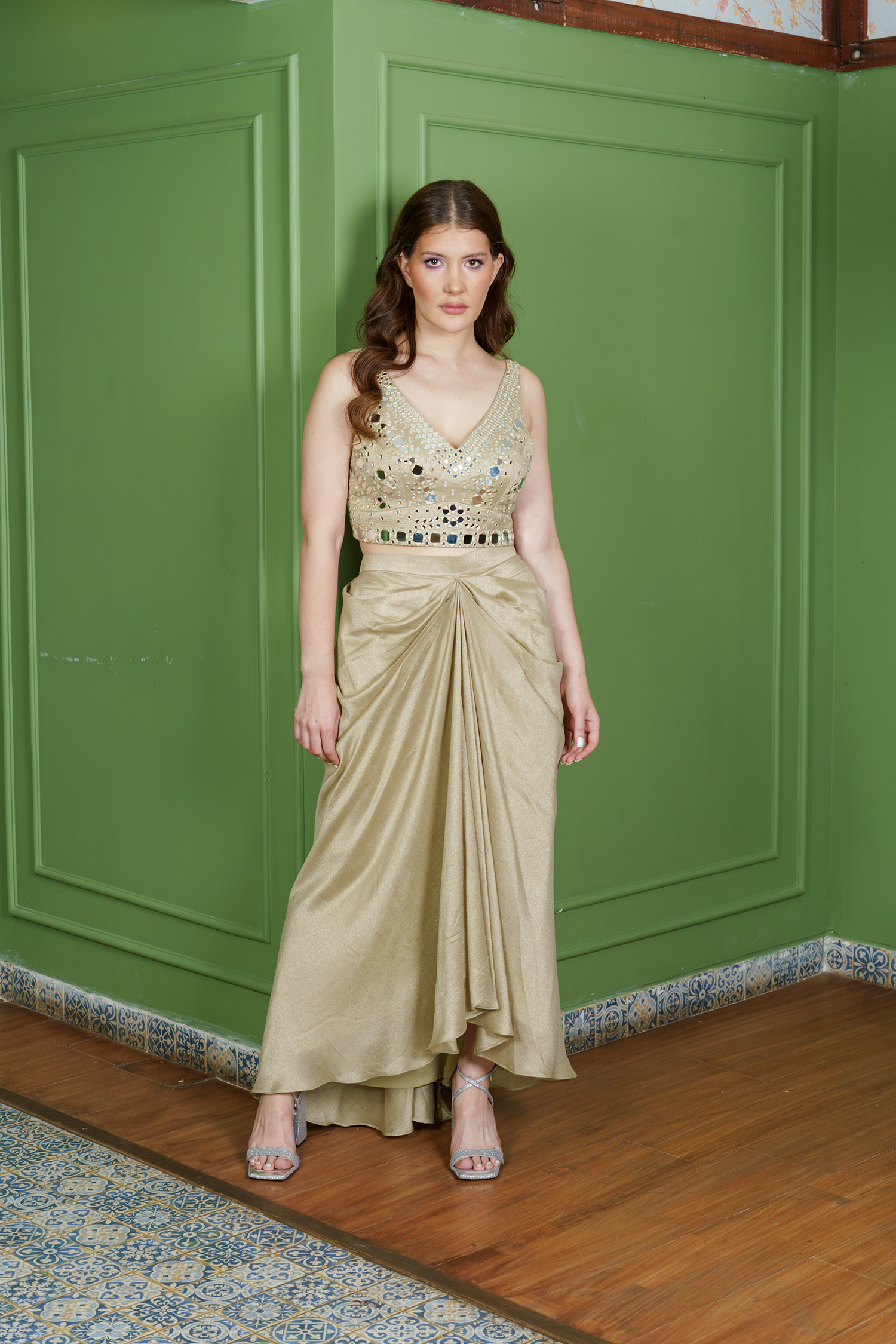 Olive Embroidered Dhoti Set