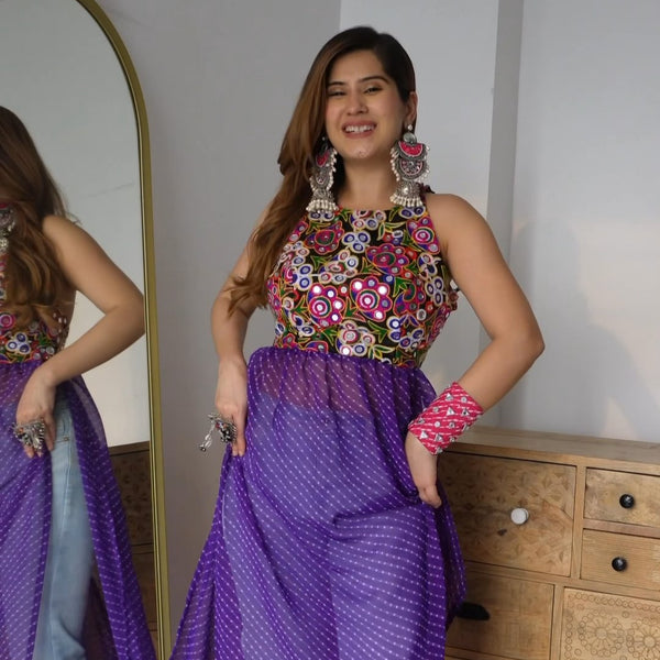 Purple Mirror Embroidered High Slit Backless Kurta