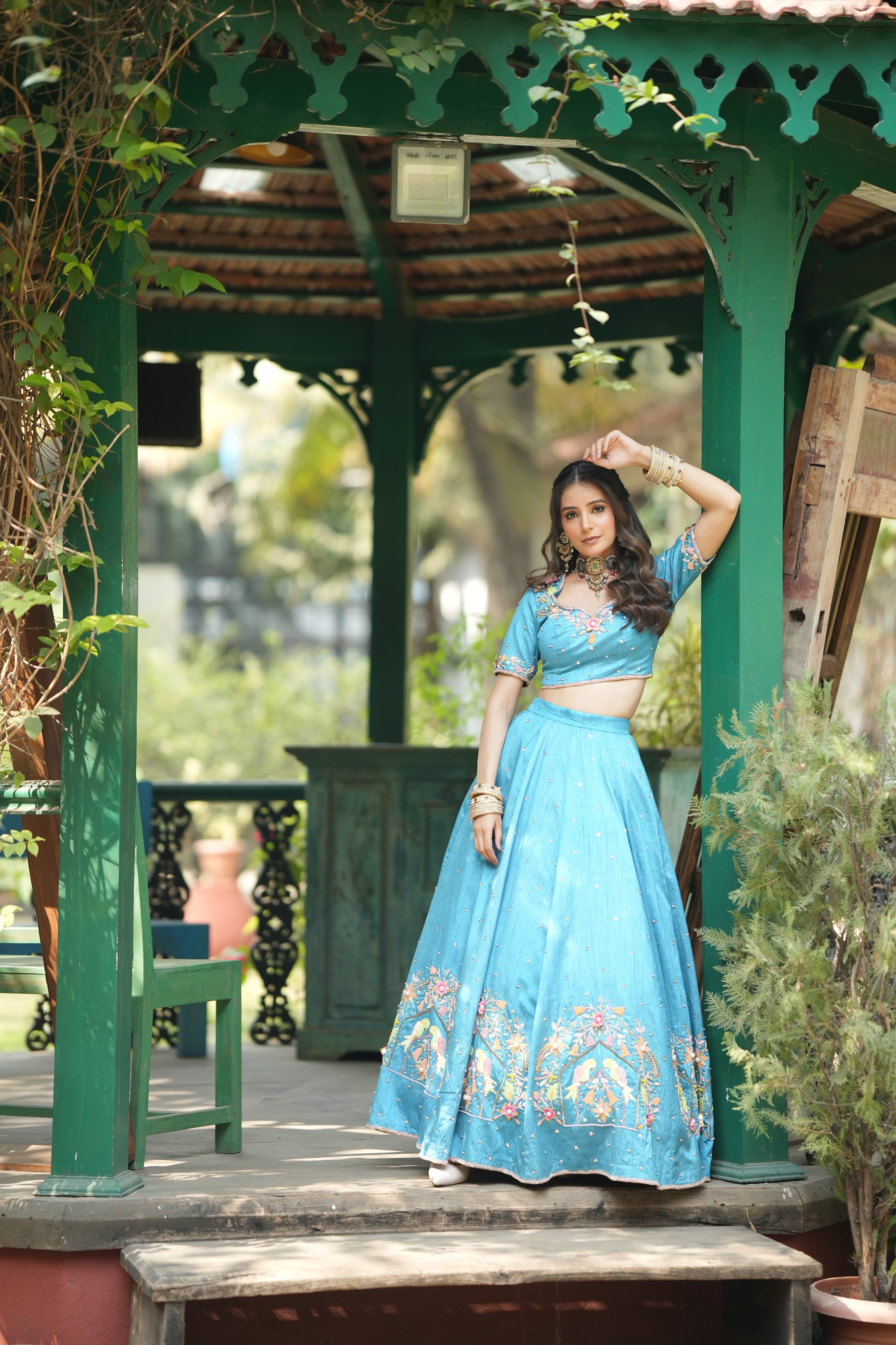 Aviary Bloom Lehenga Set – Sky Blue Raw Silk with Modern Palette