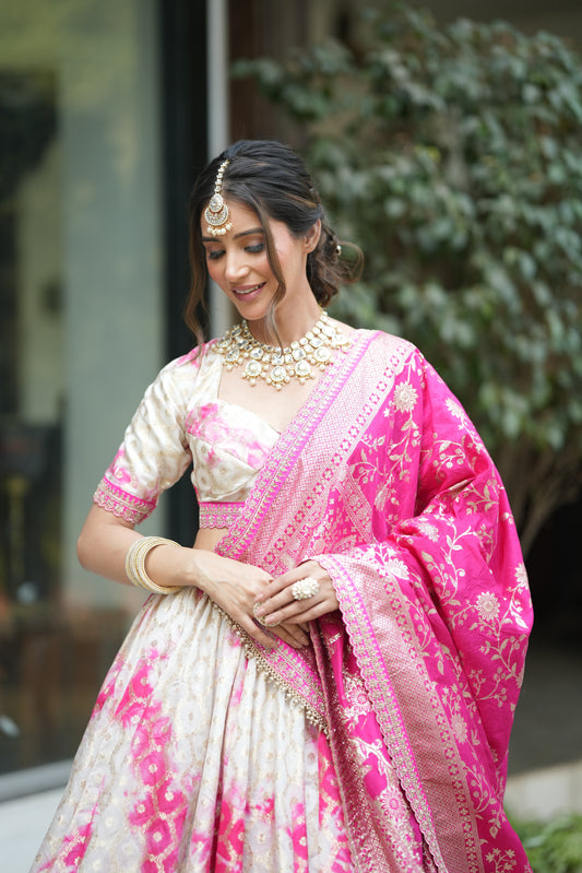 Banarasi silk bridal lehenga with pure Banarasi dupatta draped over shoulder ? traditional wedding wear look for women.