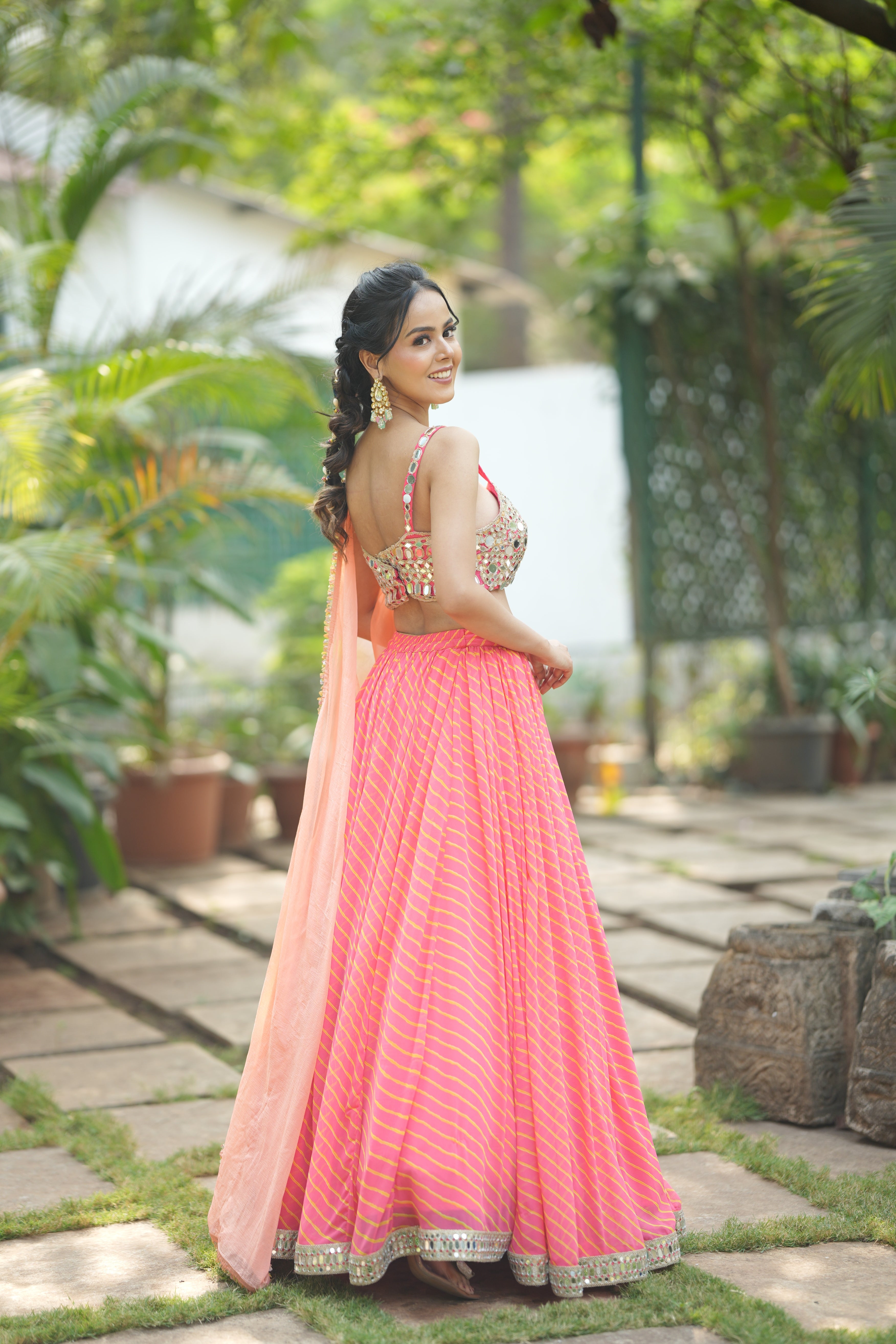 Back of mirror lace hemline and Leheria tie-dye detailing on festive lehenga