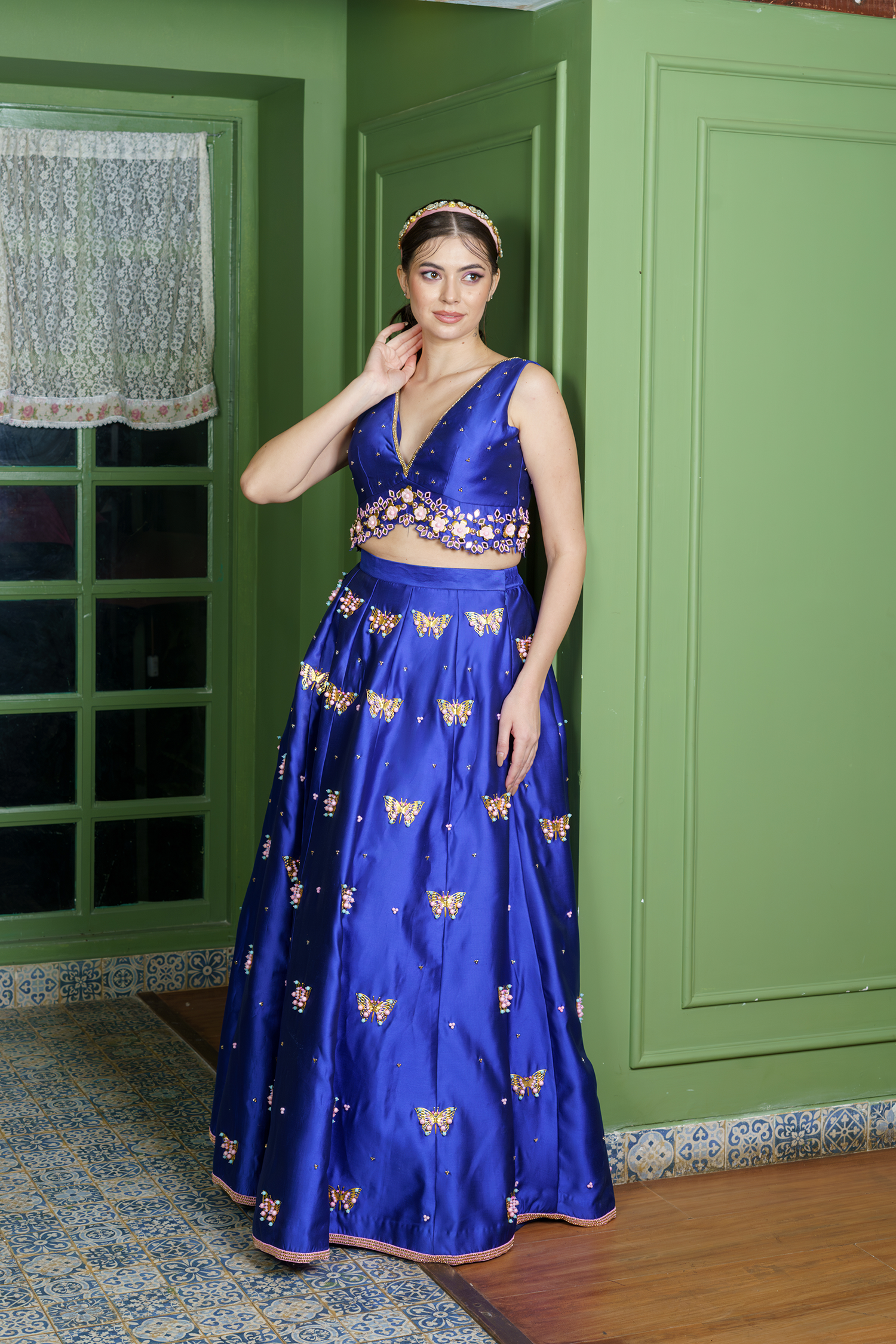 butterfly and floral embroidery bridal lehenga