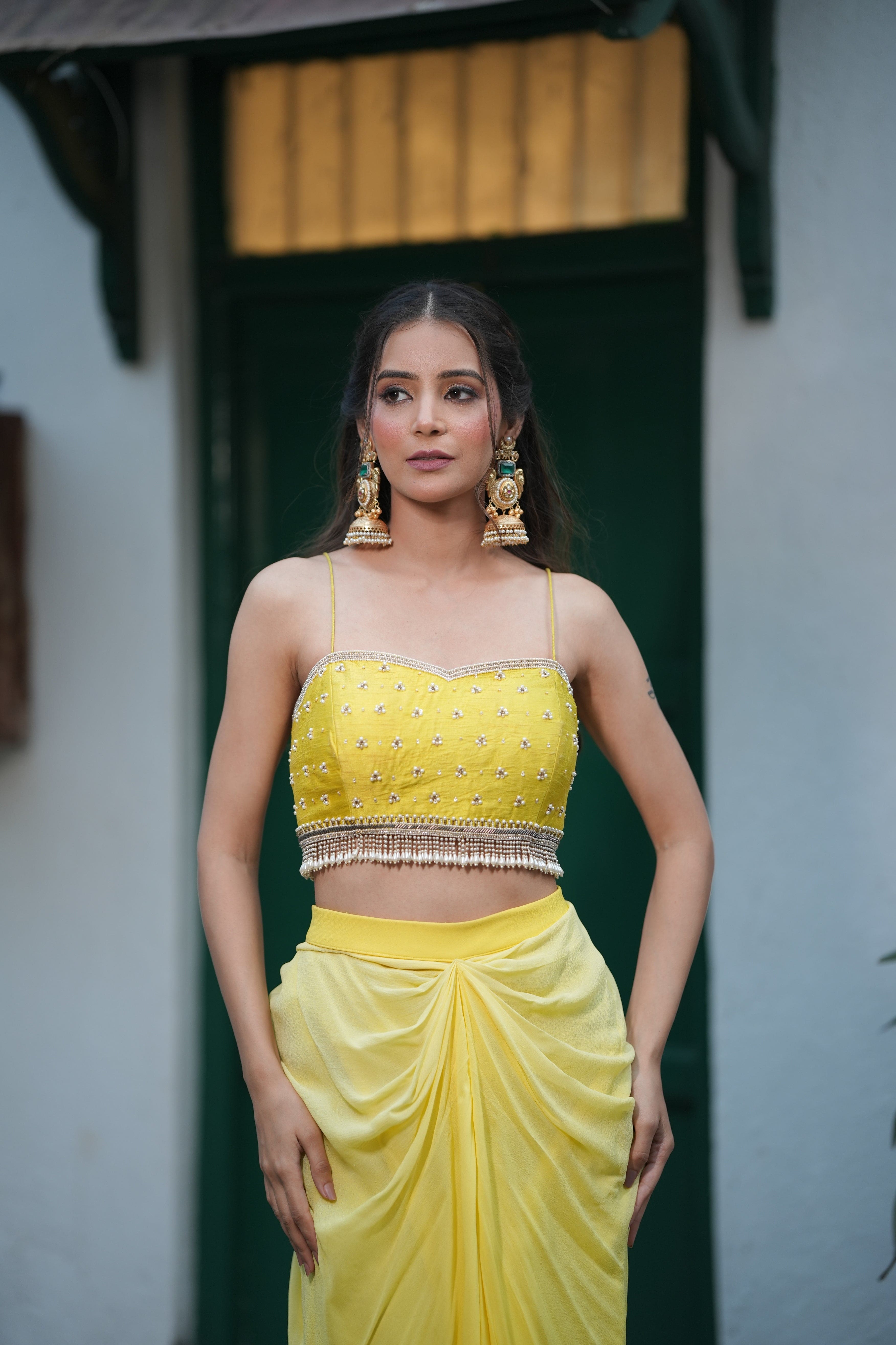 Citrus drape dhoti set in vibrant yellow styled as indo western wear for women