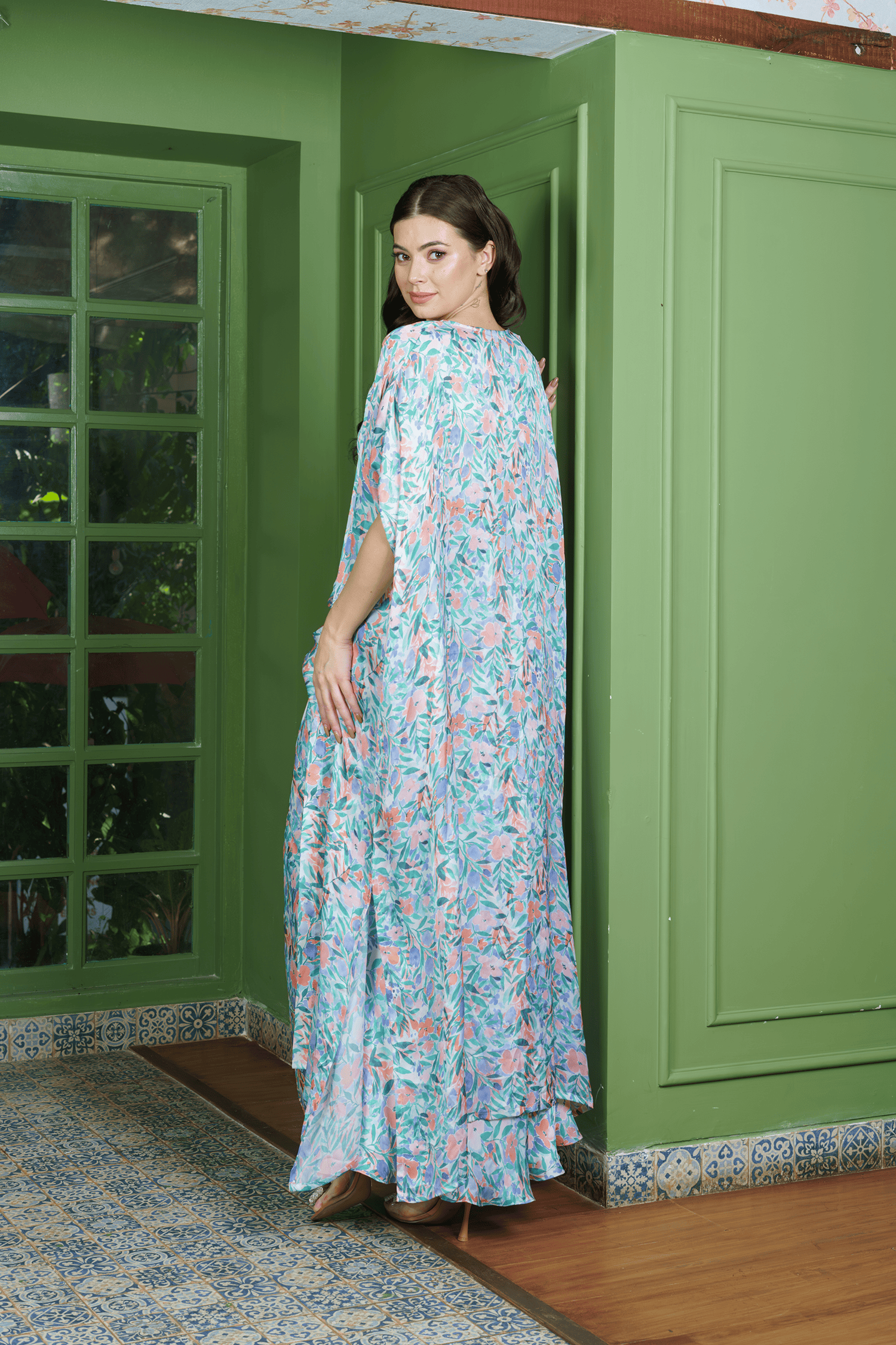 Complete 3-piece dhoti set for women with crop top, draped skirt, and long cape jacket