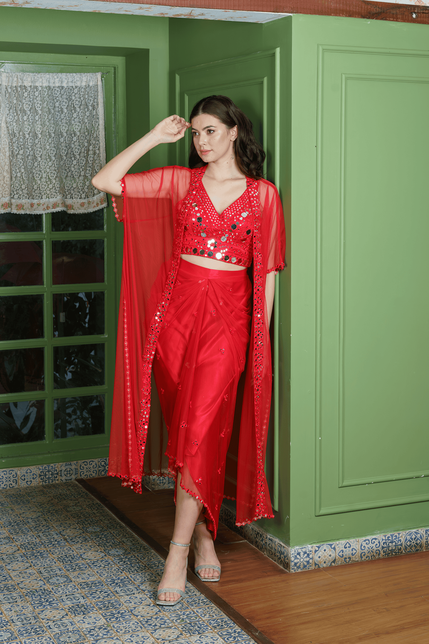Crimson Red Indo Western Dhoti Set with Shrug Jacket and Crop Top