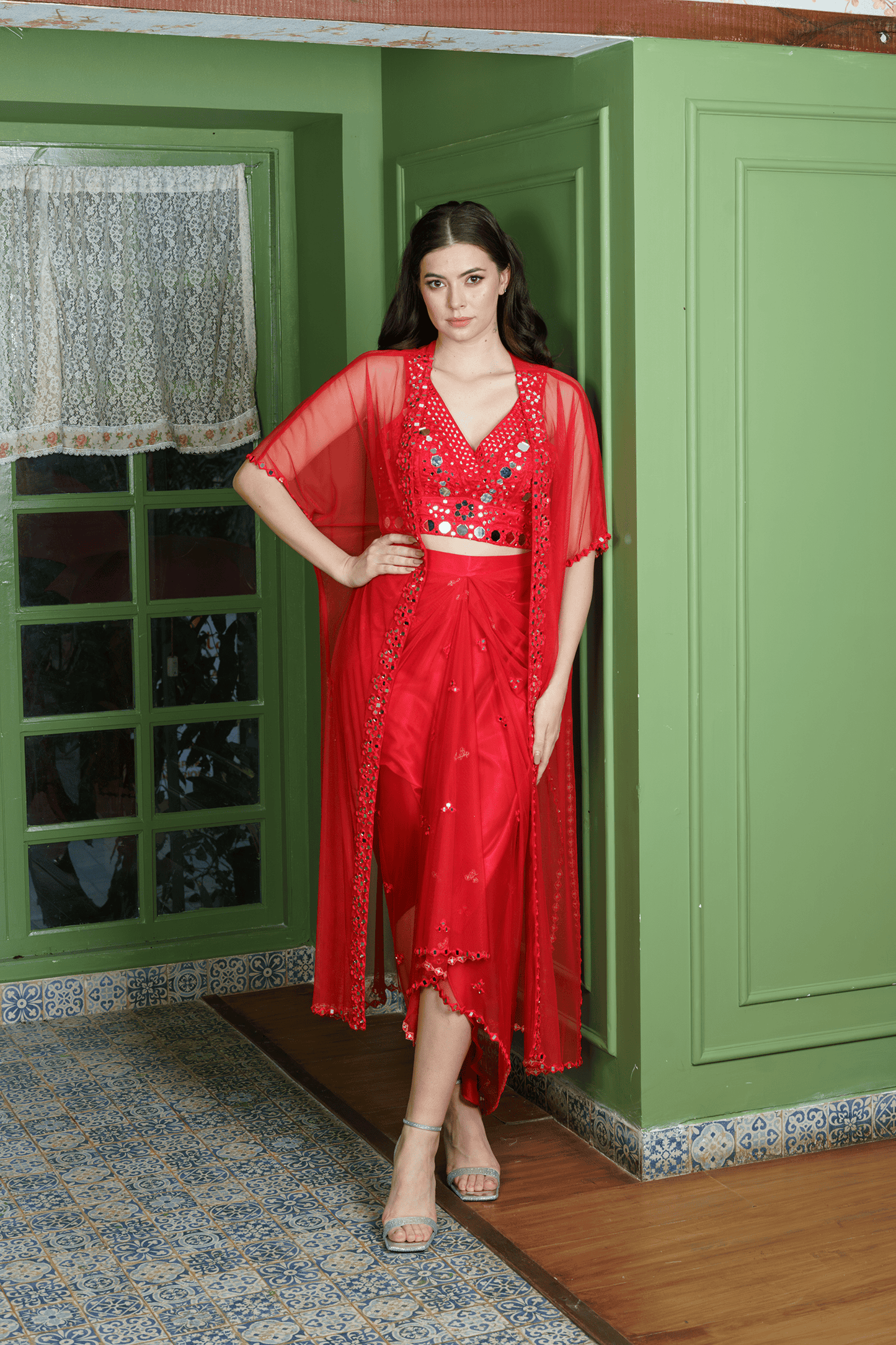 Designer Embroidered crop top with dhoti and shrug jacket