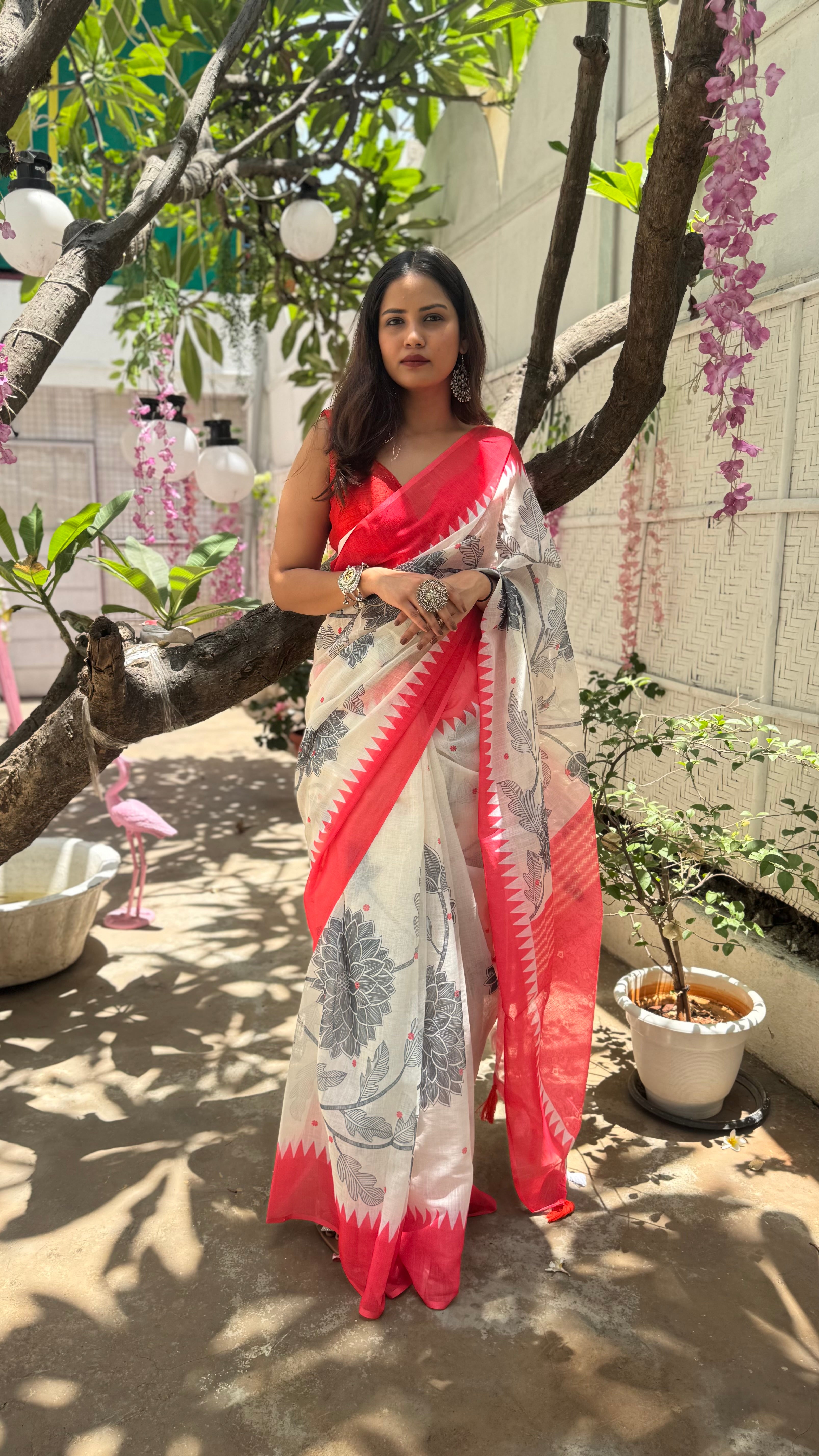 Designer Grey Floral and Leaf Print Saree in Soft White Cotton with Striking Red Border