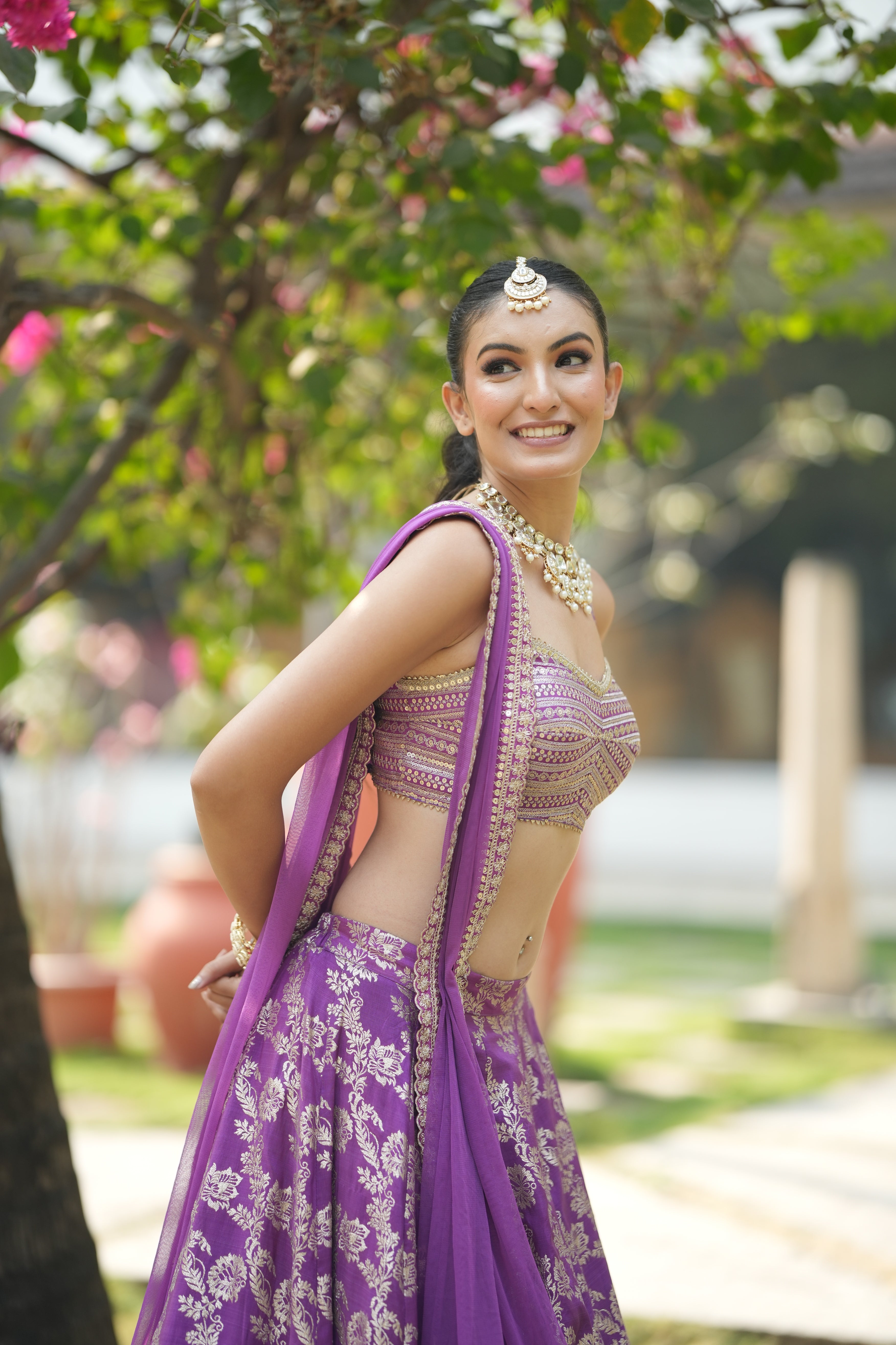 designer lavender lehenga blouse and sweetheart neckline.