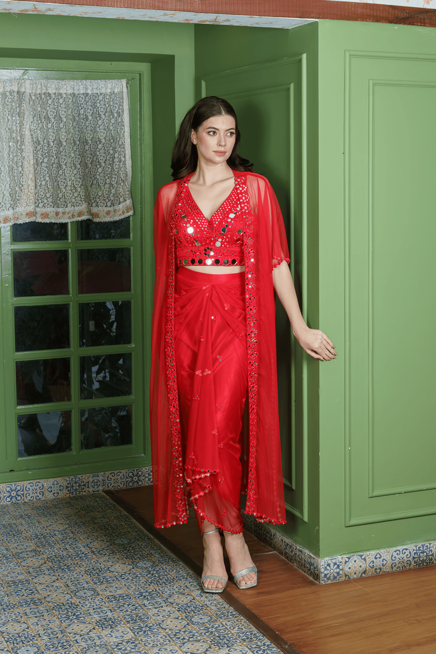 Designer Mirror Embroidered Dhoti Skirt Set with Crop Top and Cape