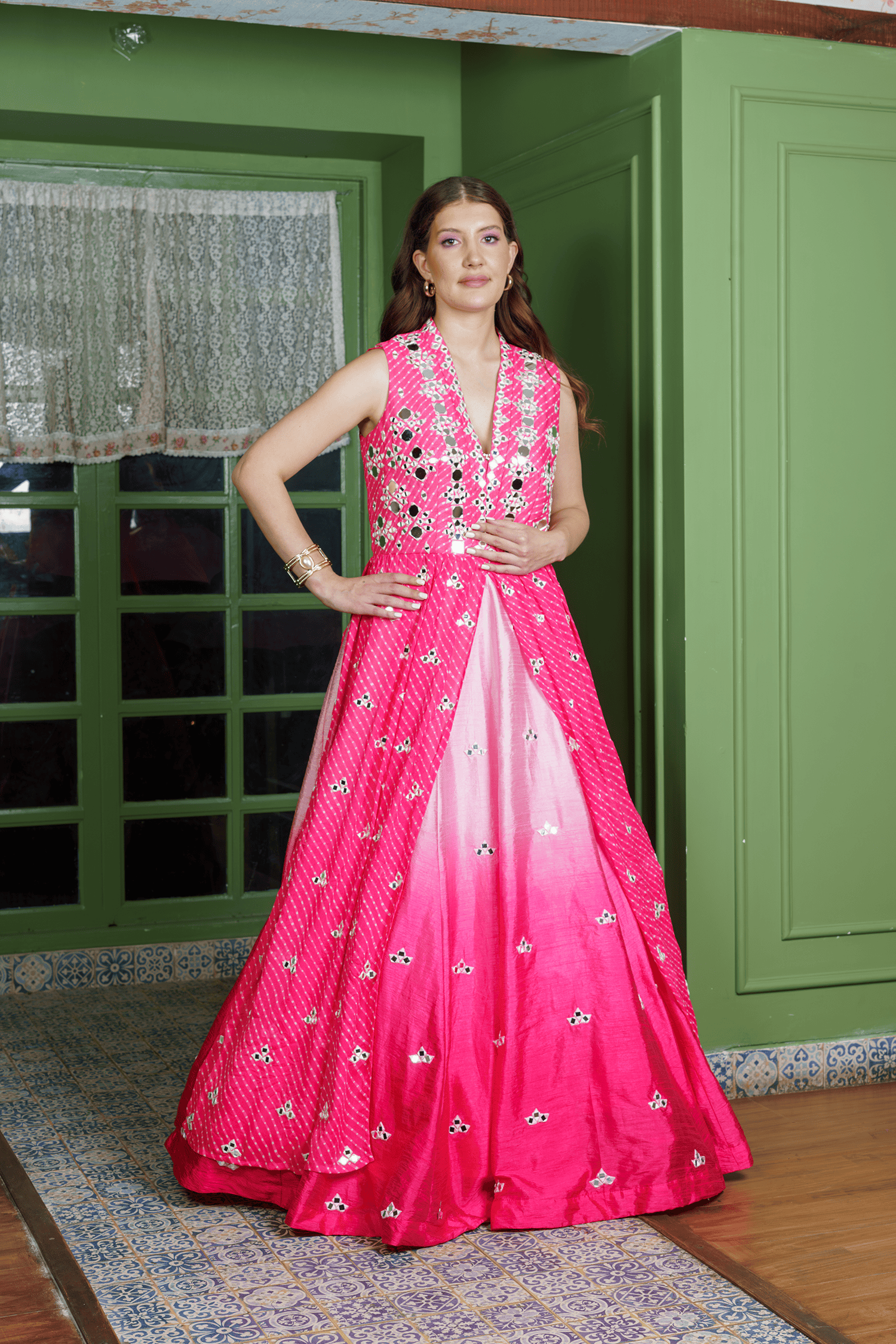 Designer Red Ombre Shrug Lehenga with Mirror Work