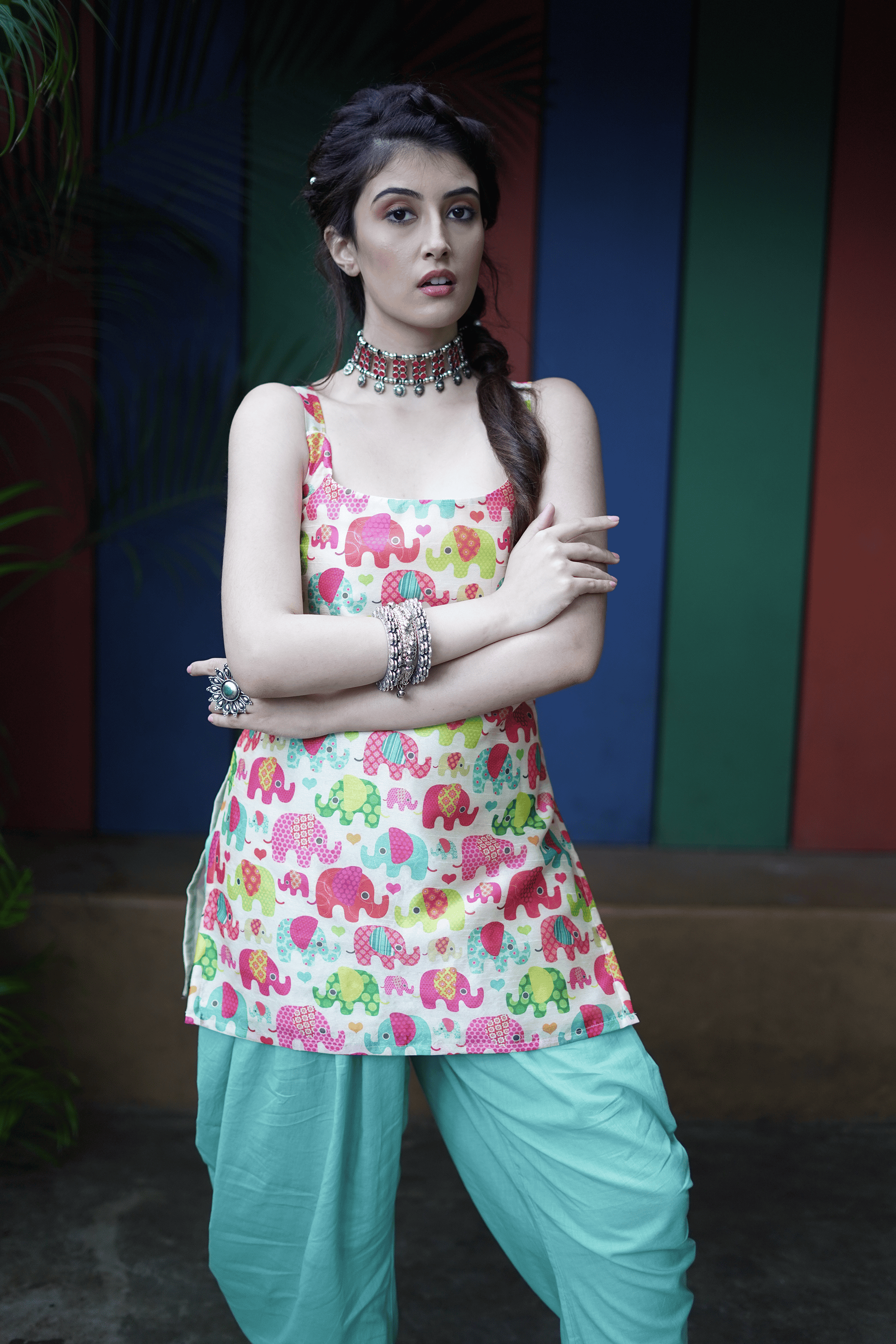 Designer kurta with pants featuring elephant print for women