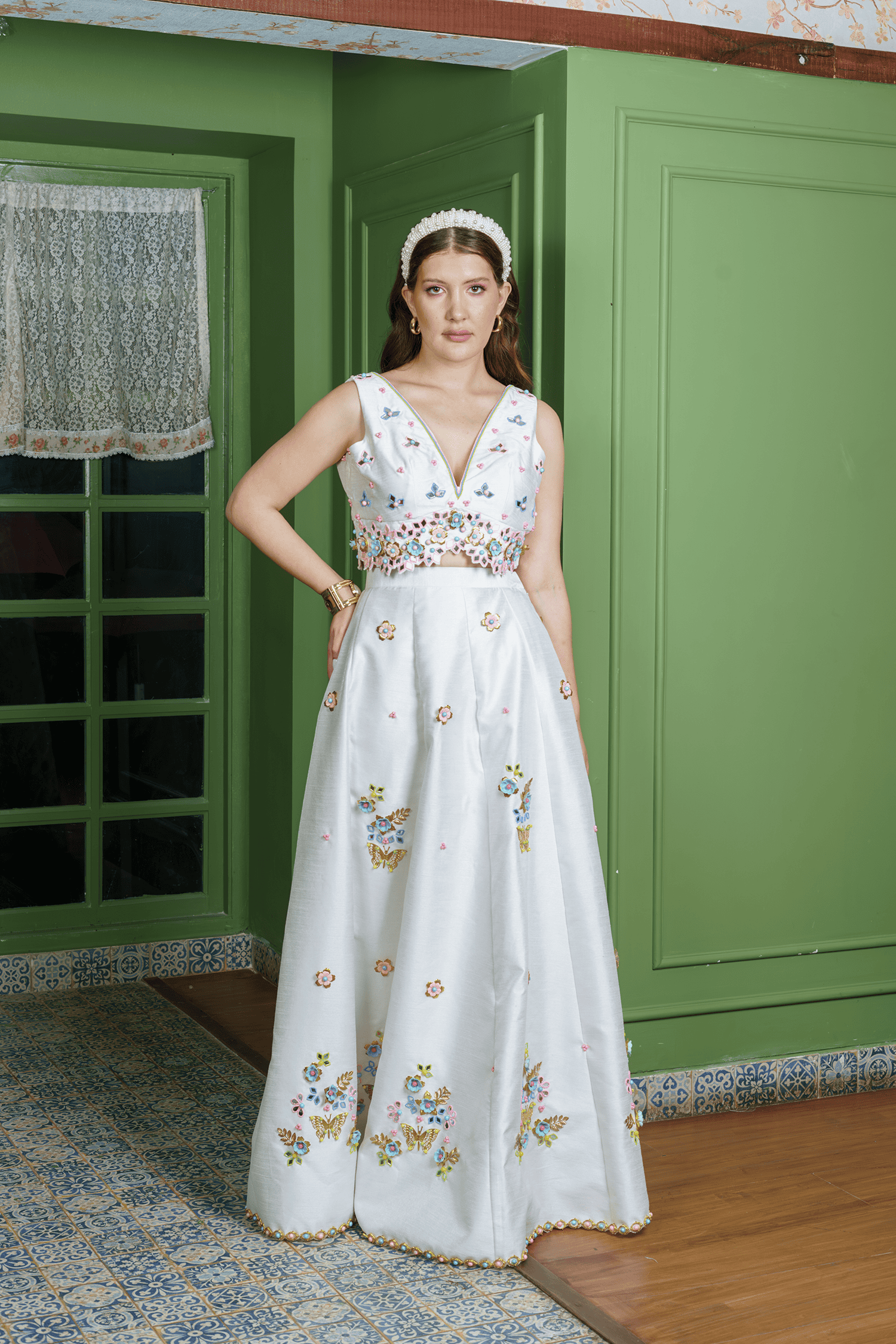 Designer silk lehenga with mirror work and butterfly embroidery