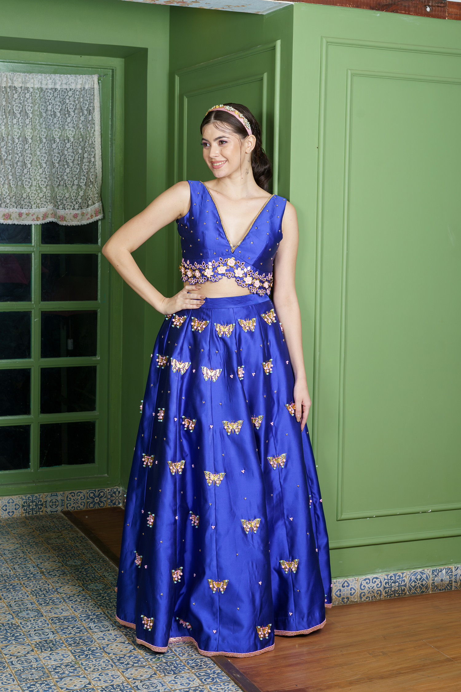 Wedding lehenga with crop top blouse in royal blue