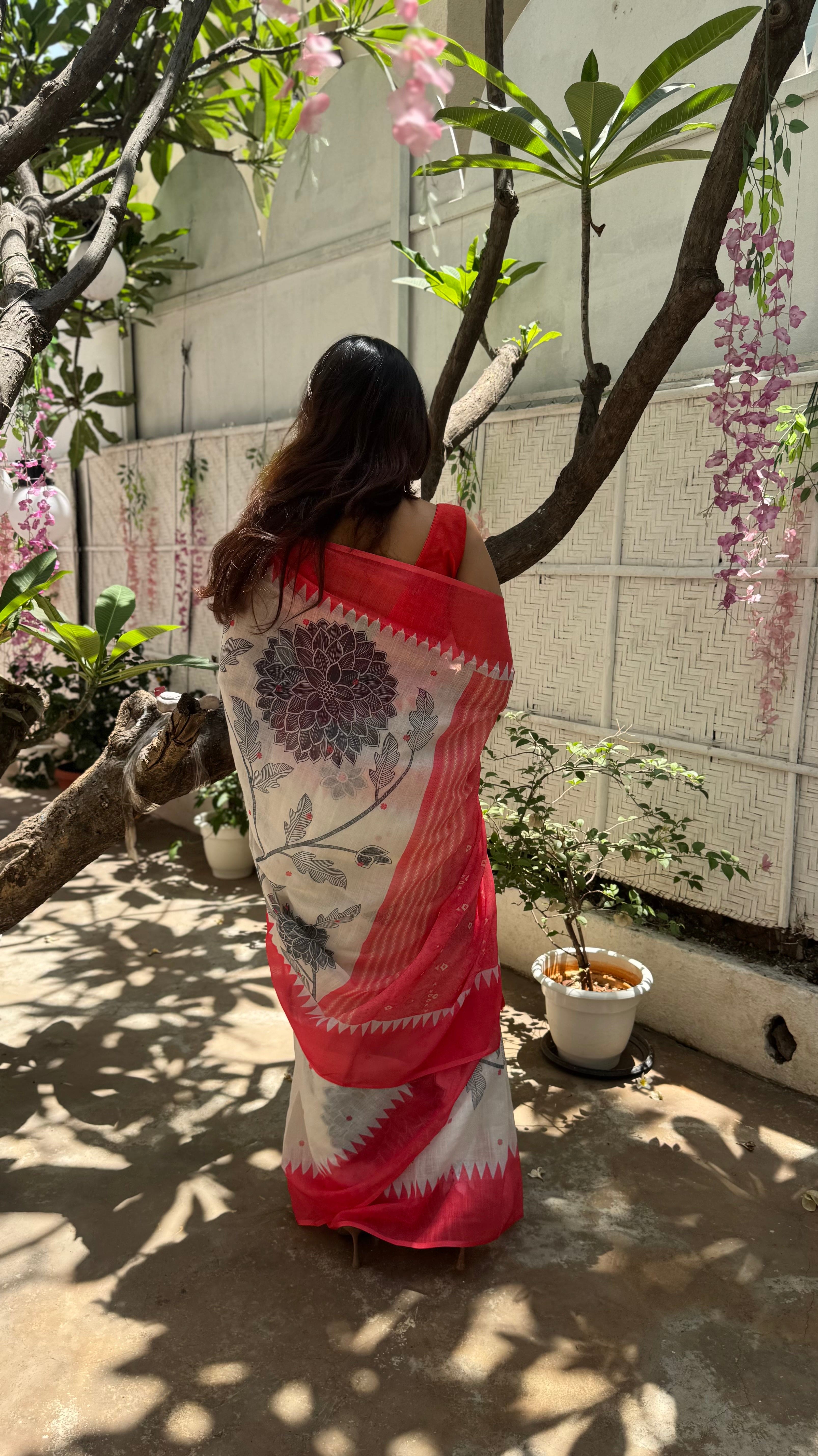 Designer Cotton Saree Featuring Grey Floral Motifs and Red Border on a Soft White Base