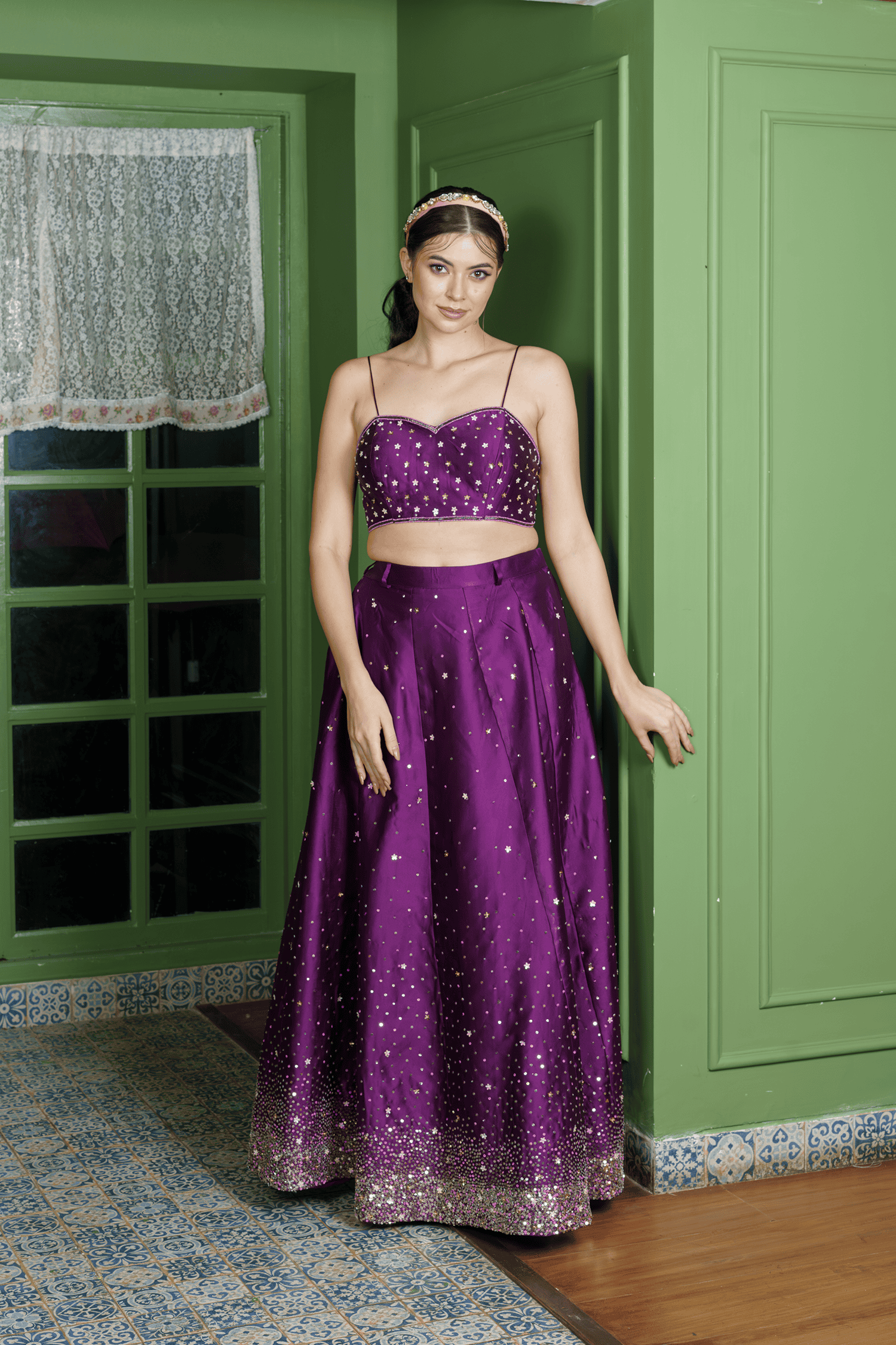 Chita work hand embroidery on wine designer lehenga skirt in satin silk fabric