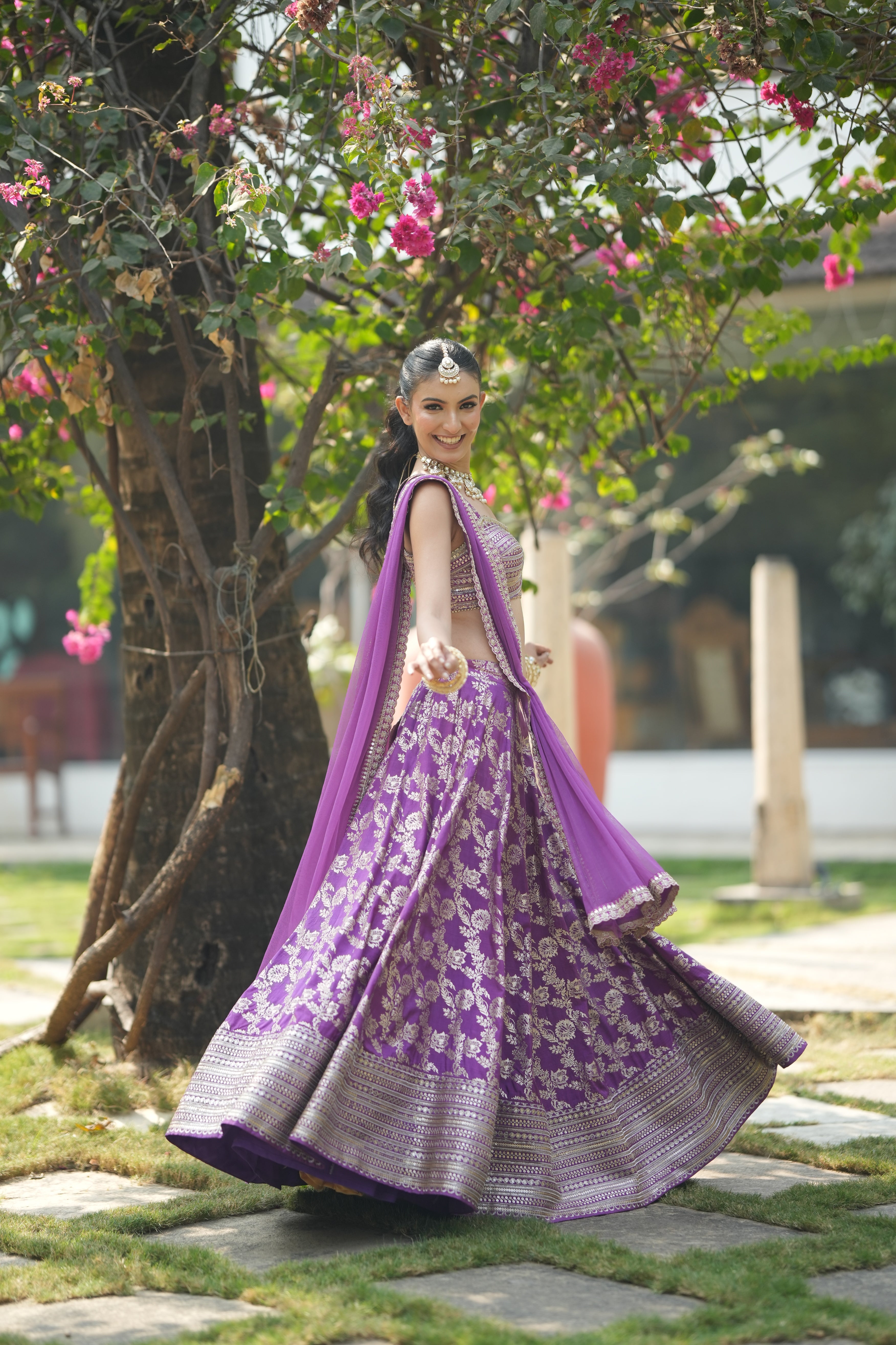 Lavender wedding lehenga – showcasing zari embroidery and flowy silhouette