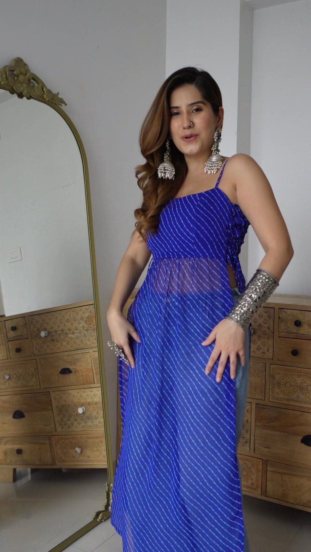 Leheriya Print High Slit Blue Straight Long Kurta