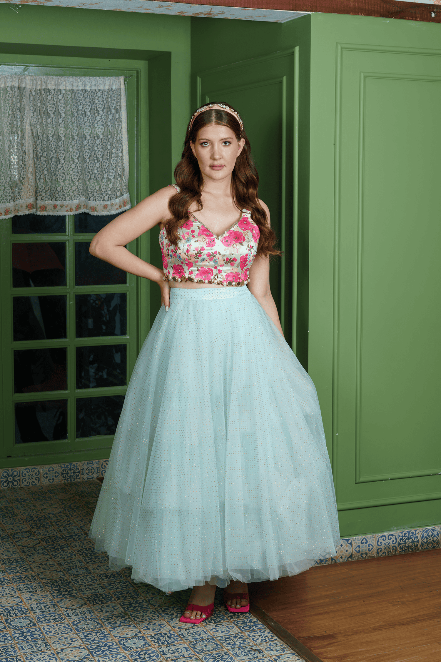 Light Blue Lehenga Choli with Floral Silk Blouse