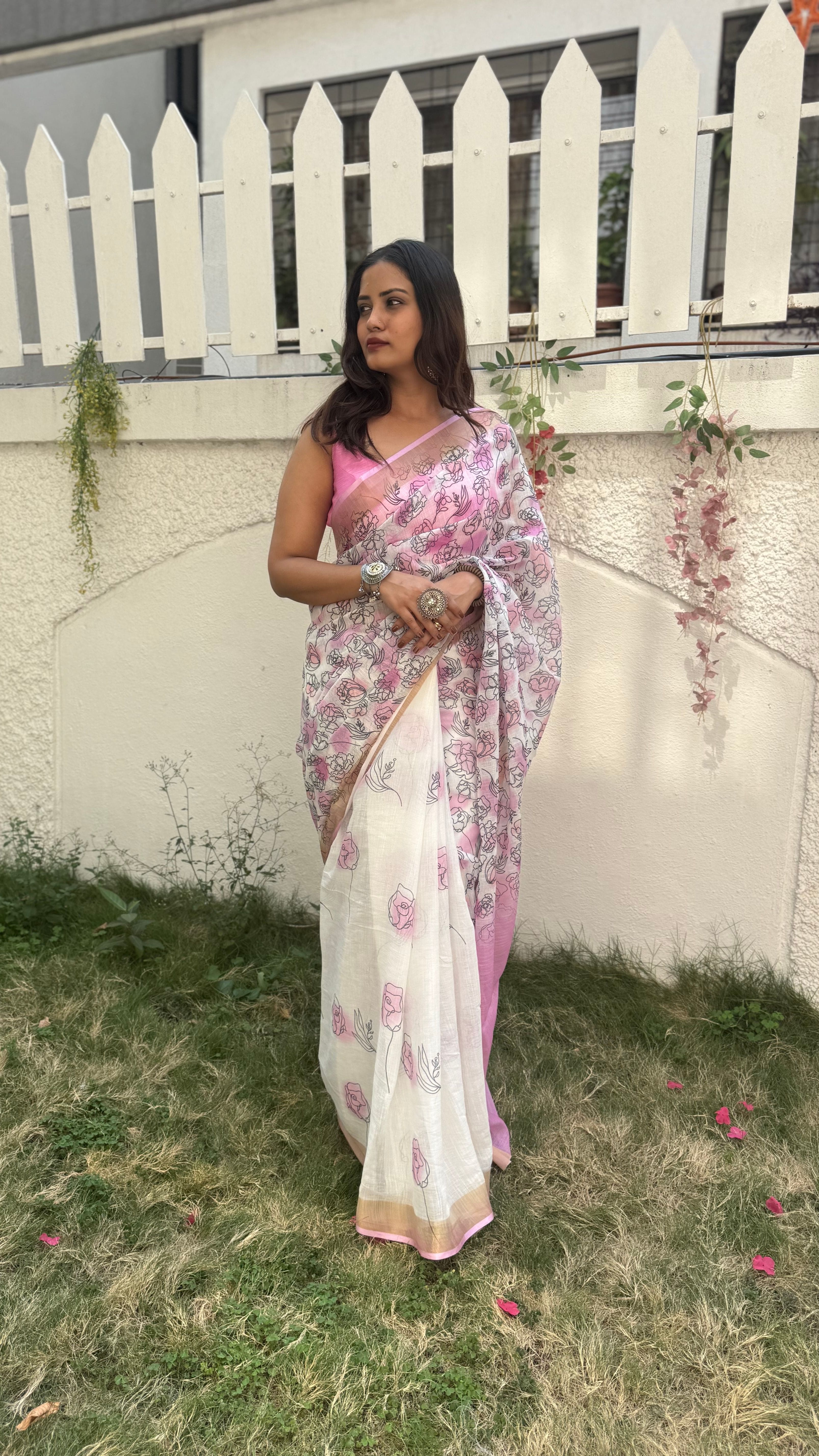 Soft Pink Floral Cotton Saree
