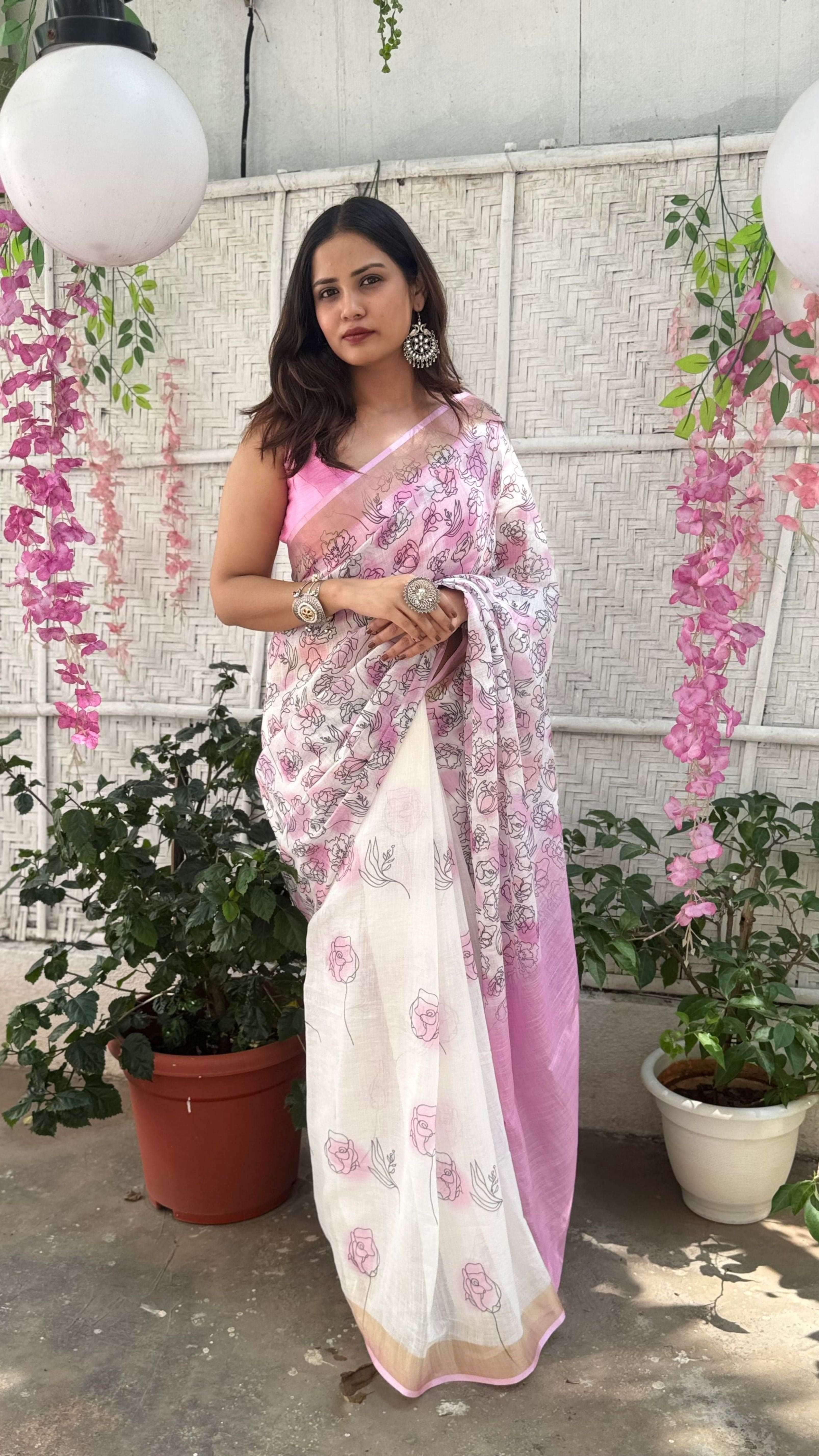 Soft Pink Floral Cotton Saree