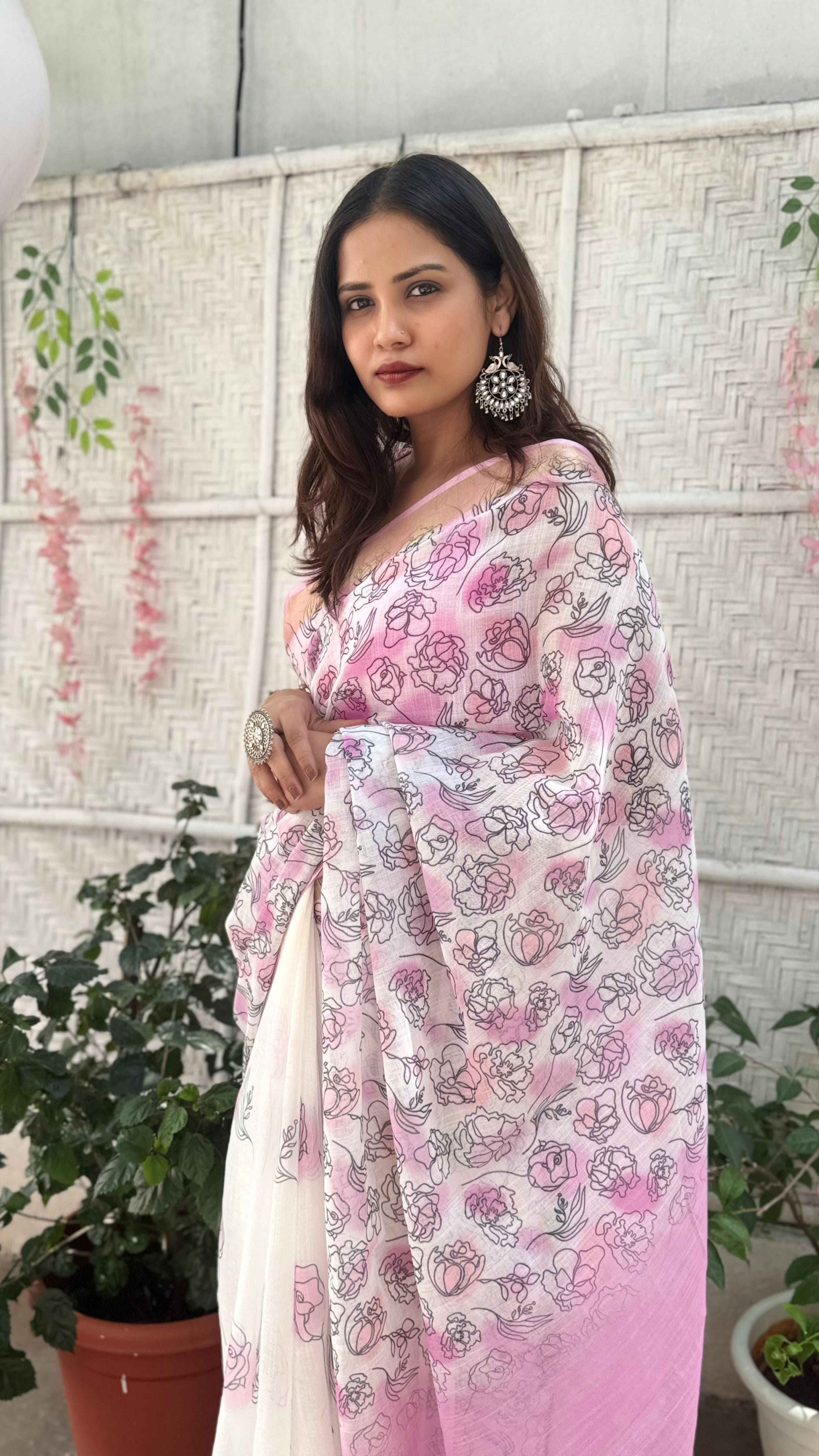 Soft Pink Floral Cotton Saree