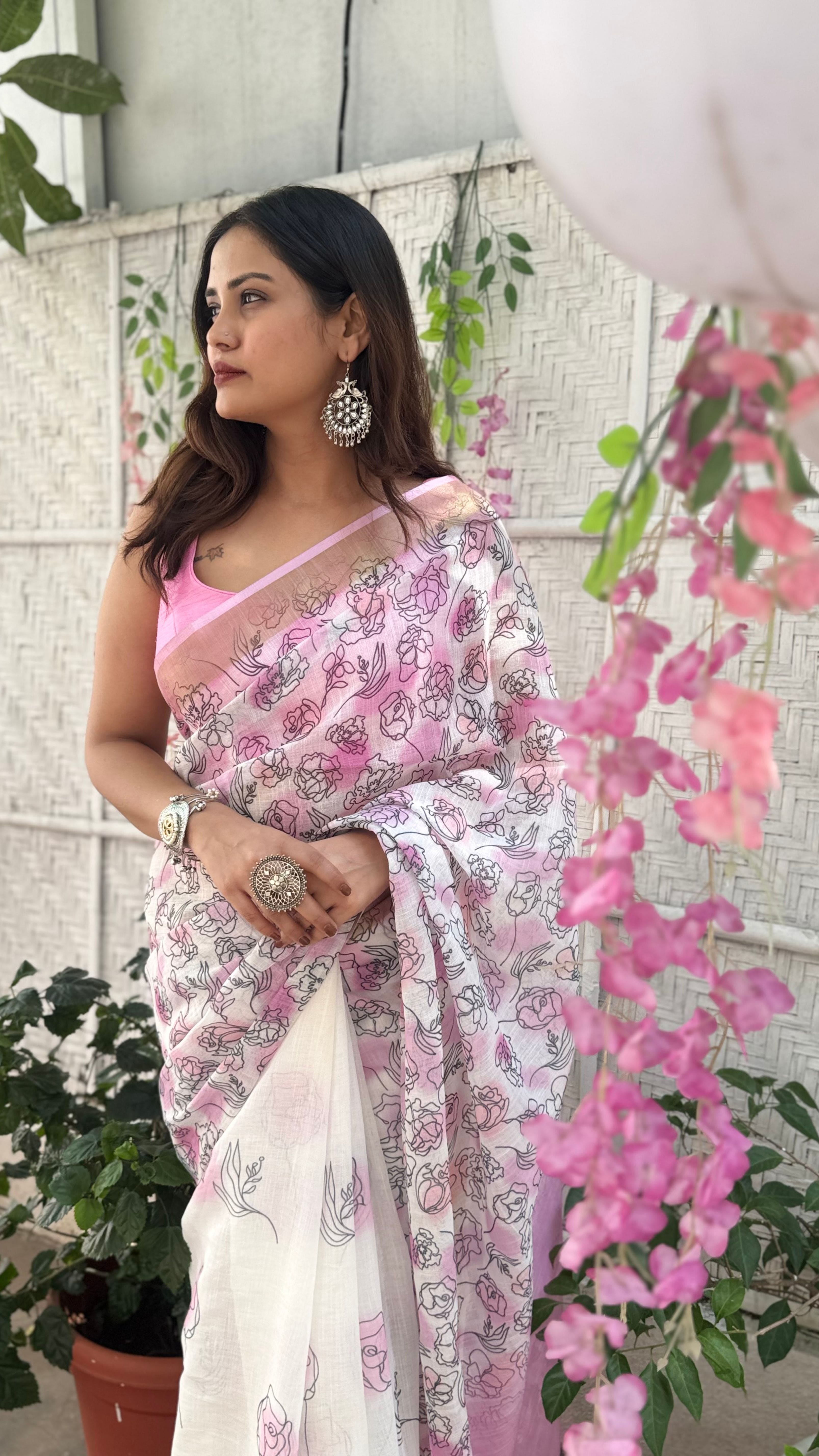 Soft Pink Floral Cotton Saree