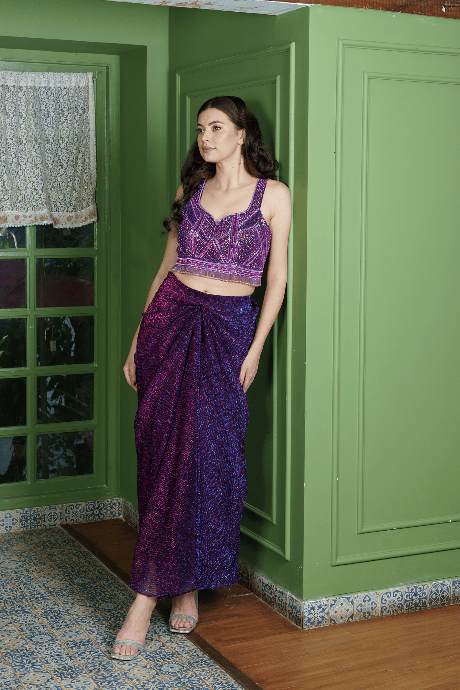 ombré shimmer fabric and dhoti drape details of the outfit