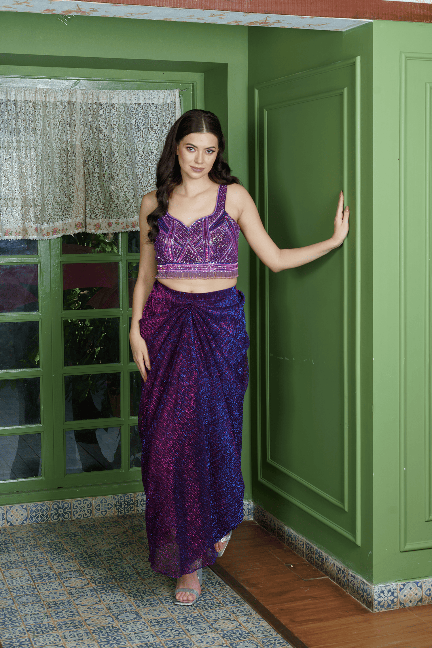 Front view of Orchid Gleam dhoti skirt with crop top in shimmer fabric