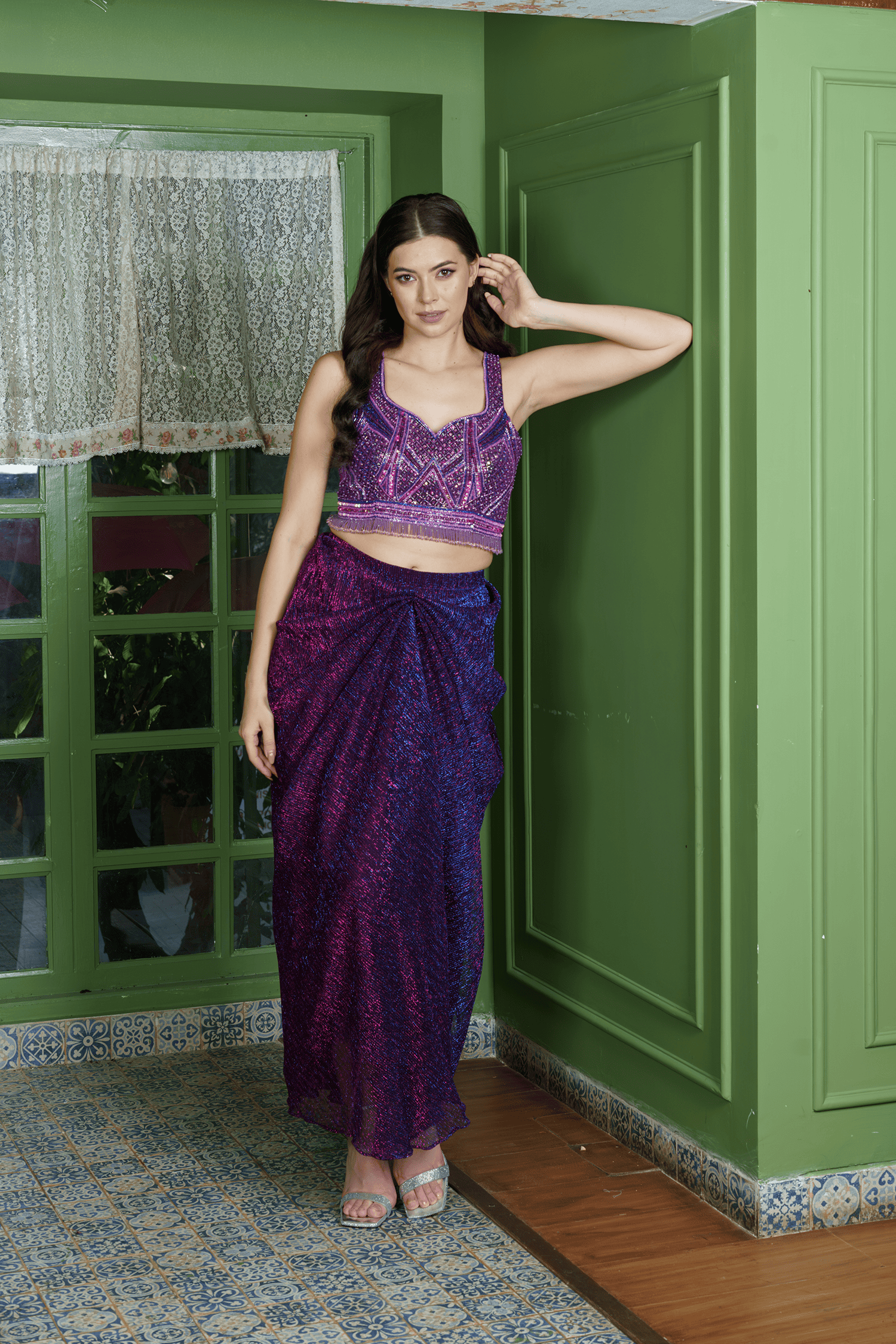 Front view of Orchid Gleam dhoti skirt with crop top in shimmer fabric