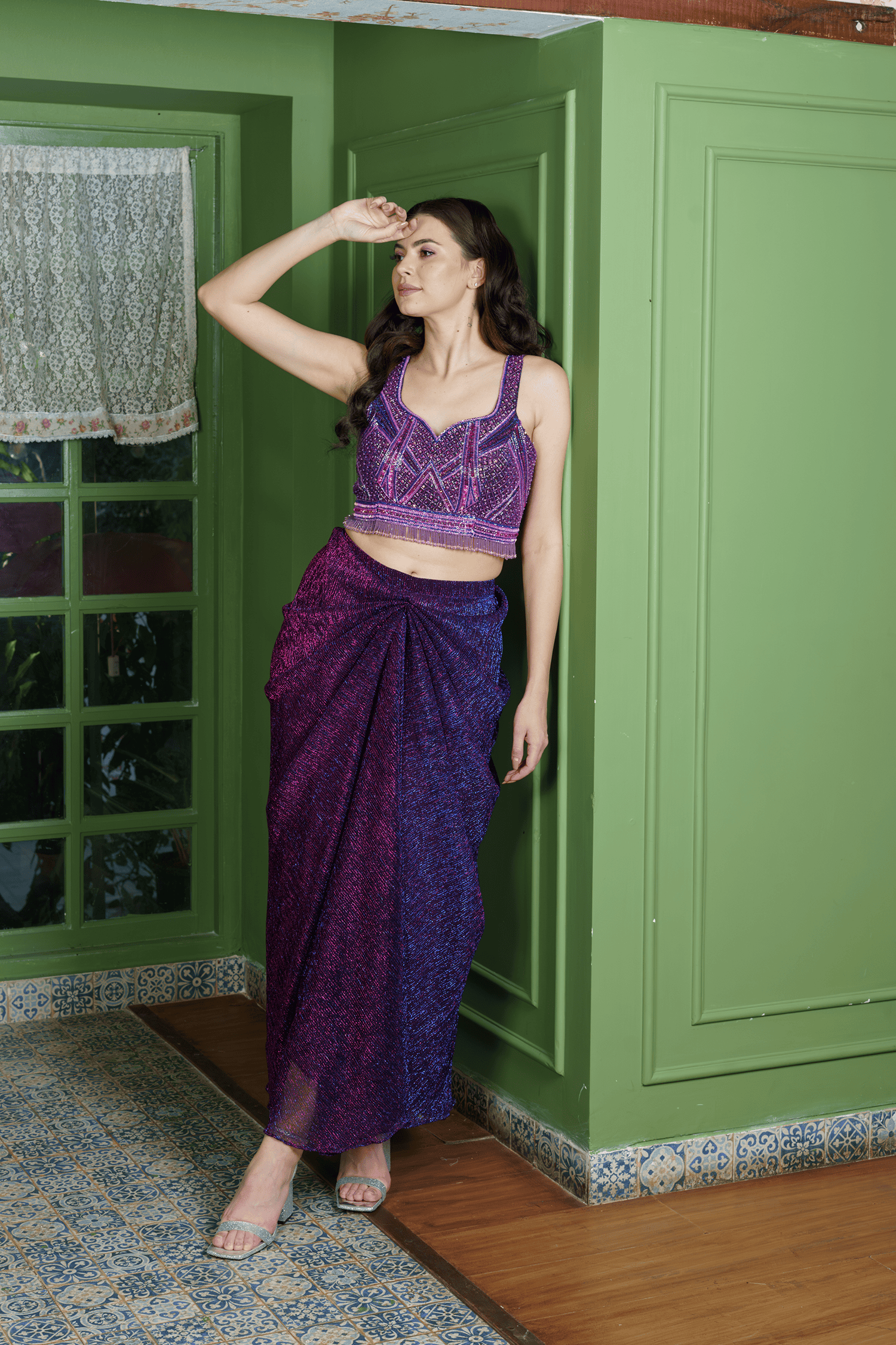 Indo-Western dhoti skirt and crop top for festive occasions