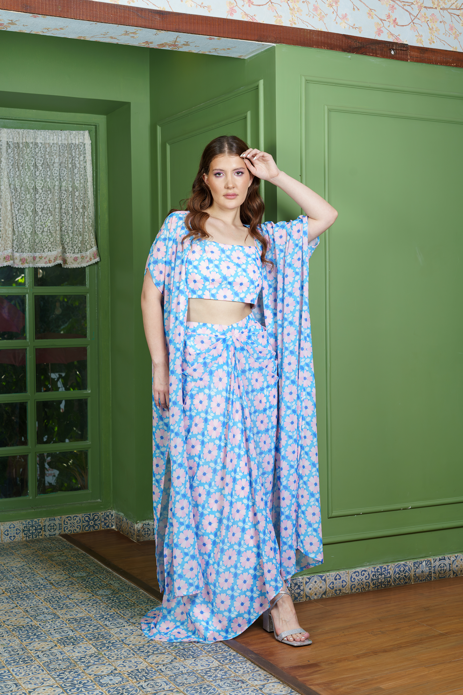 Pastel floral dhoti with crop top and jacket – trendy indo western party wear dress for women